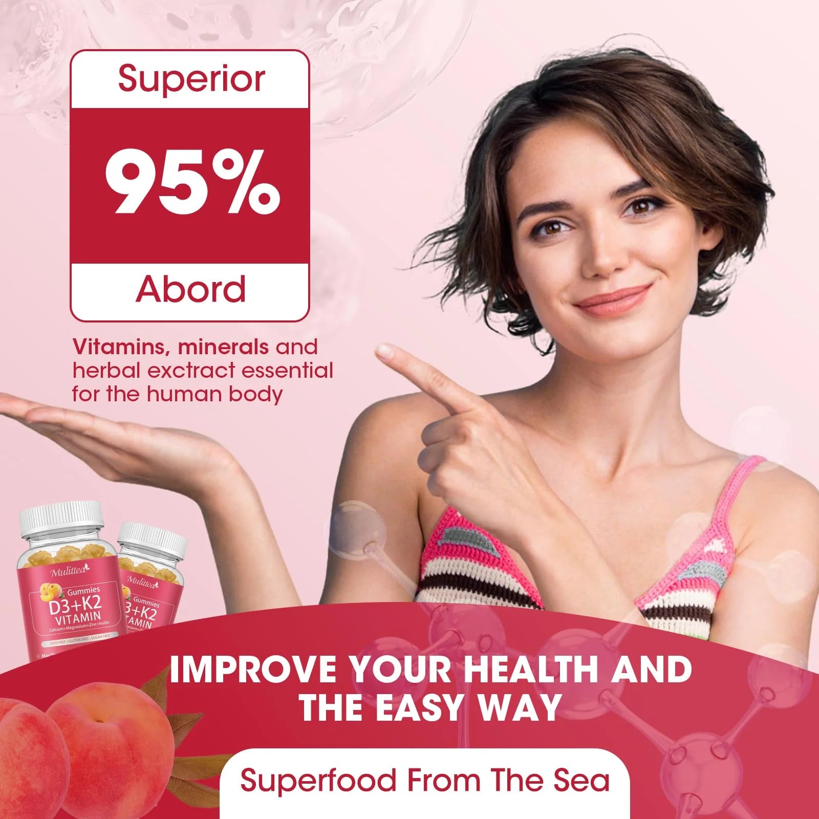 Vitamin D3 10000iu with K2 (MK7) 200mcg -Formulated with Calcium Magnesium Zinc & Inulin–Immune Support, Bone & Heart Health, Enhanced Absorption, Sugar-Free Gummies -Peach Flavor-60 Counts