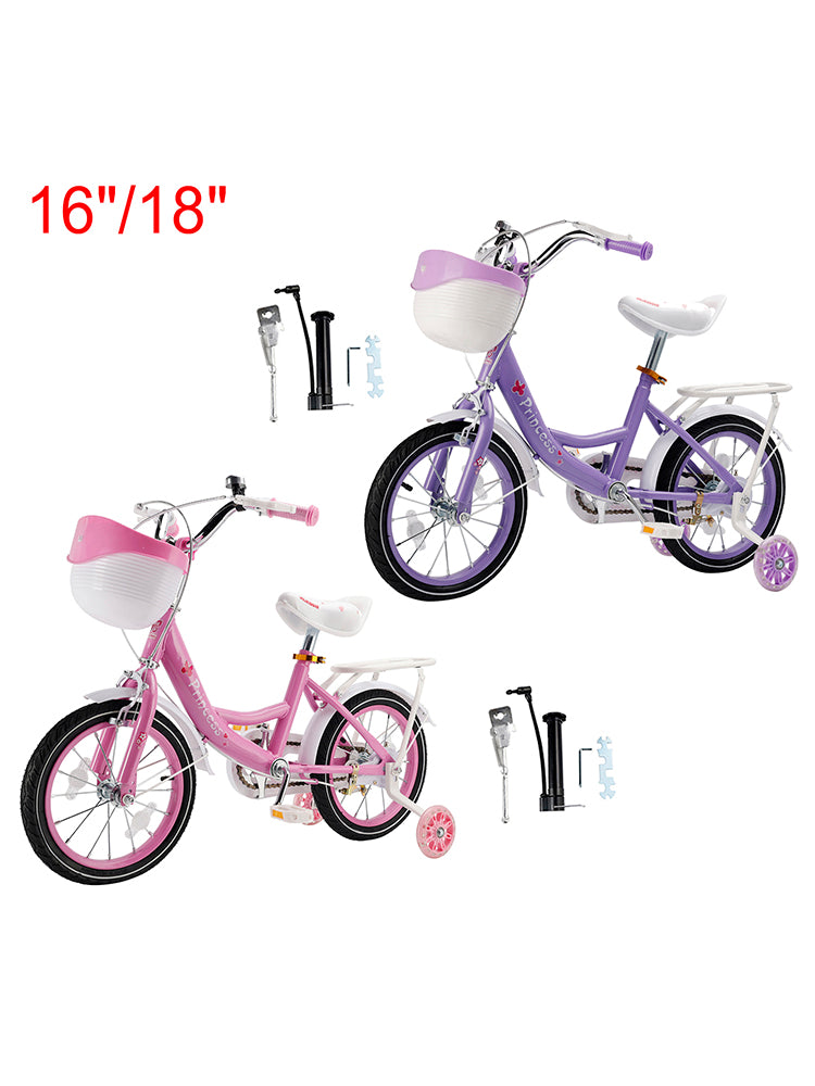 16"/18" Kids Bicycle Girls Bike with Training Wheels Basket Kickstand