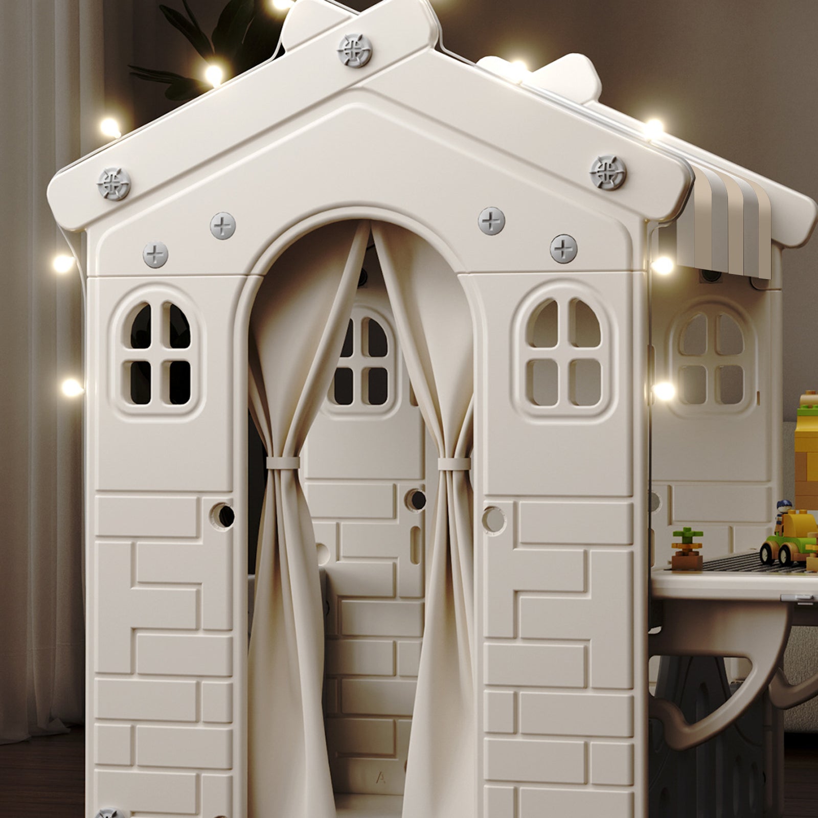 Kids Plastic Outdoor Playhouse with Lights & Building Blocks – Toddler Playhouse Toy for Backyard & Garden Fun