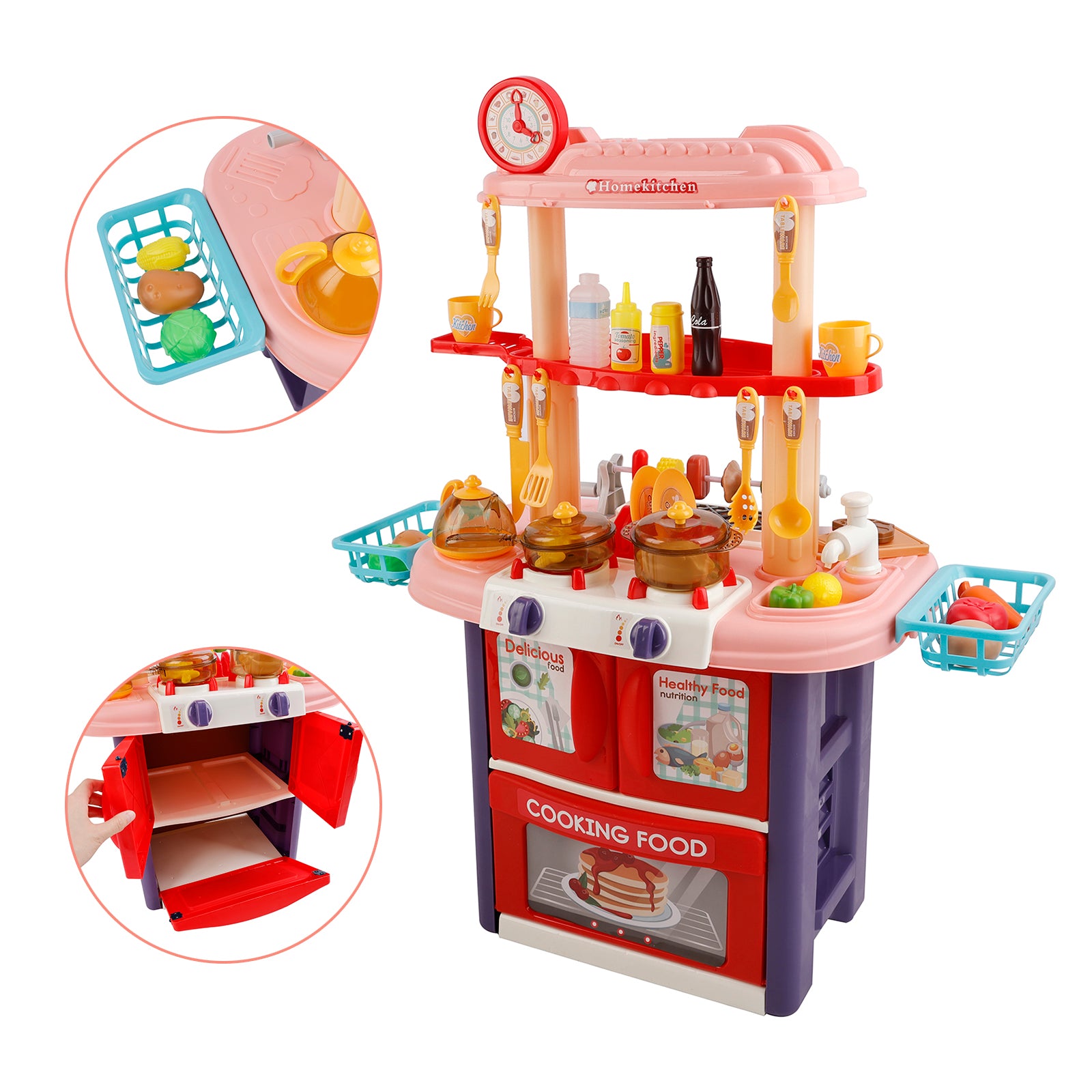 Plastic Tableware Kitchen Set With Sound, Light And Spray Function Kid Toy Pink