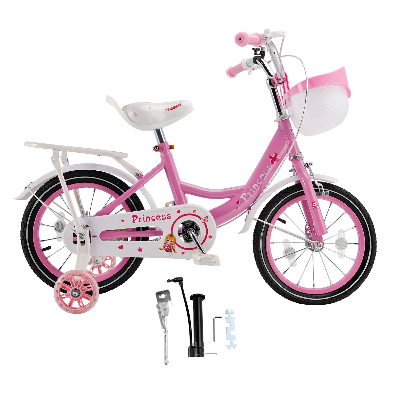 16"/18" Kids Bicycle Girls Bike with Training Wheels Basket Kickstand