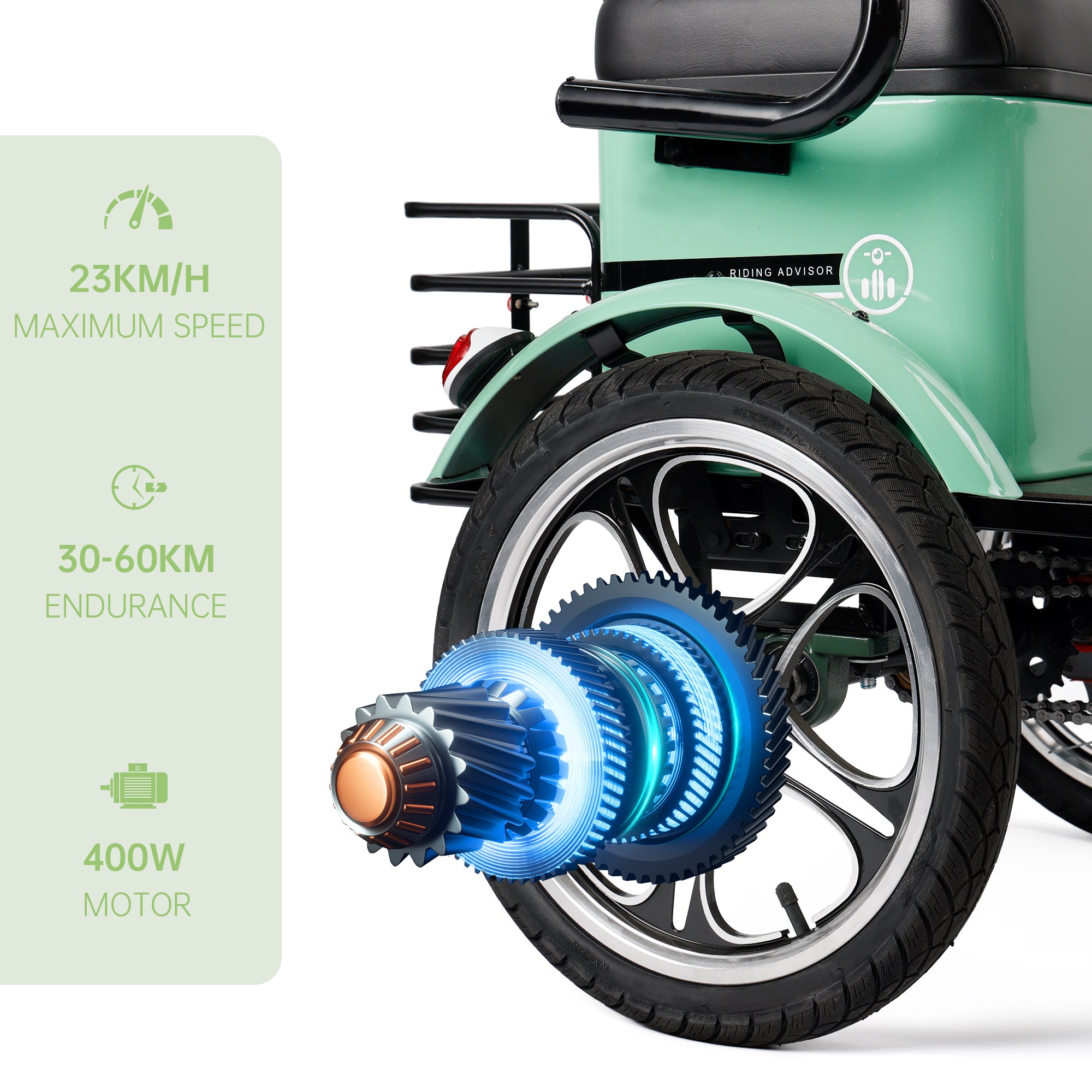 400W 48V 12A Electric Folding Tricycle 3 Wheel E-bike Green with Rear Seat for Adult