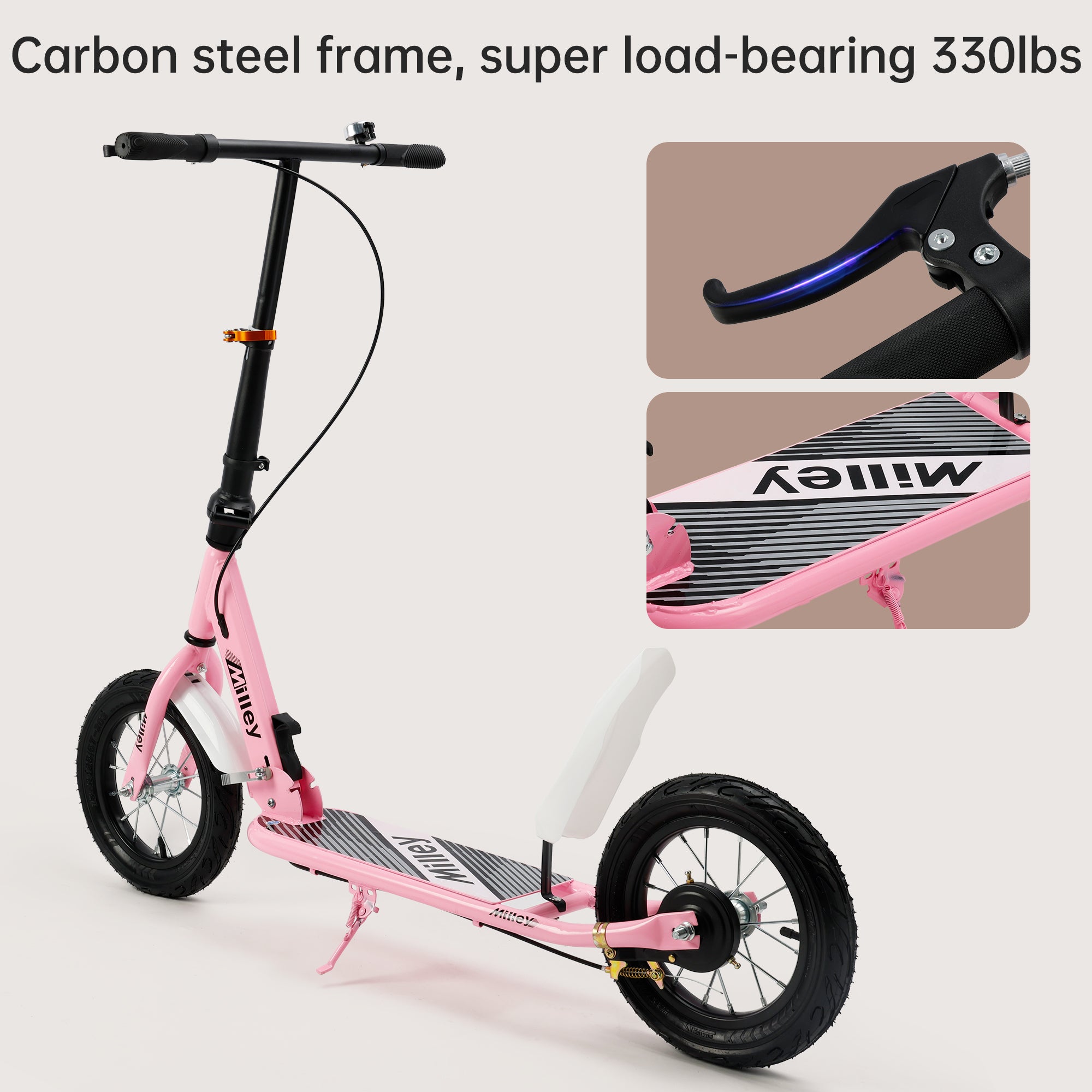 Pink Shock-Absorbing Scooter for Adults & Teens – 12" Large Rolling Rubber Tires, Foldable