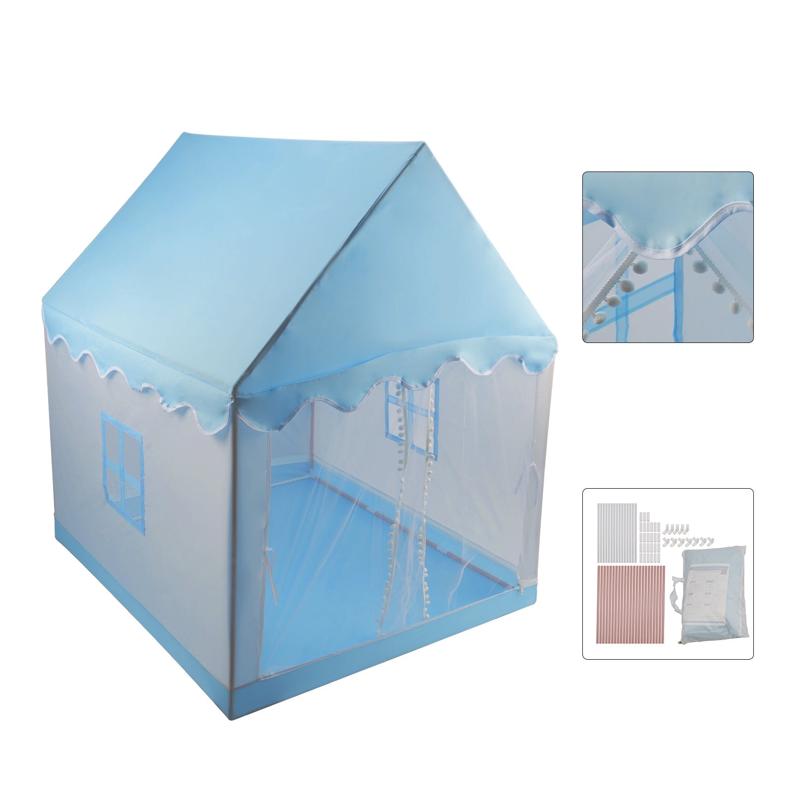Kids Indoor Play Tent for Boys & Girls,Assembly Tent with Metal Frame,Mesh Window,Optional Star Lights & Mat,Portable Children's Playhouse with Carry Bag  Blue