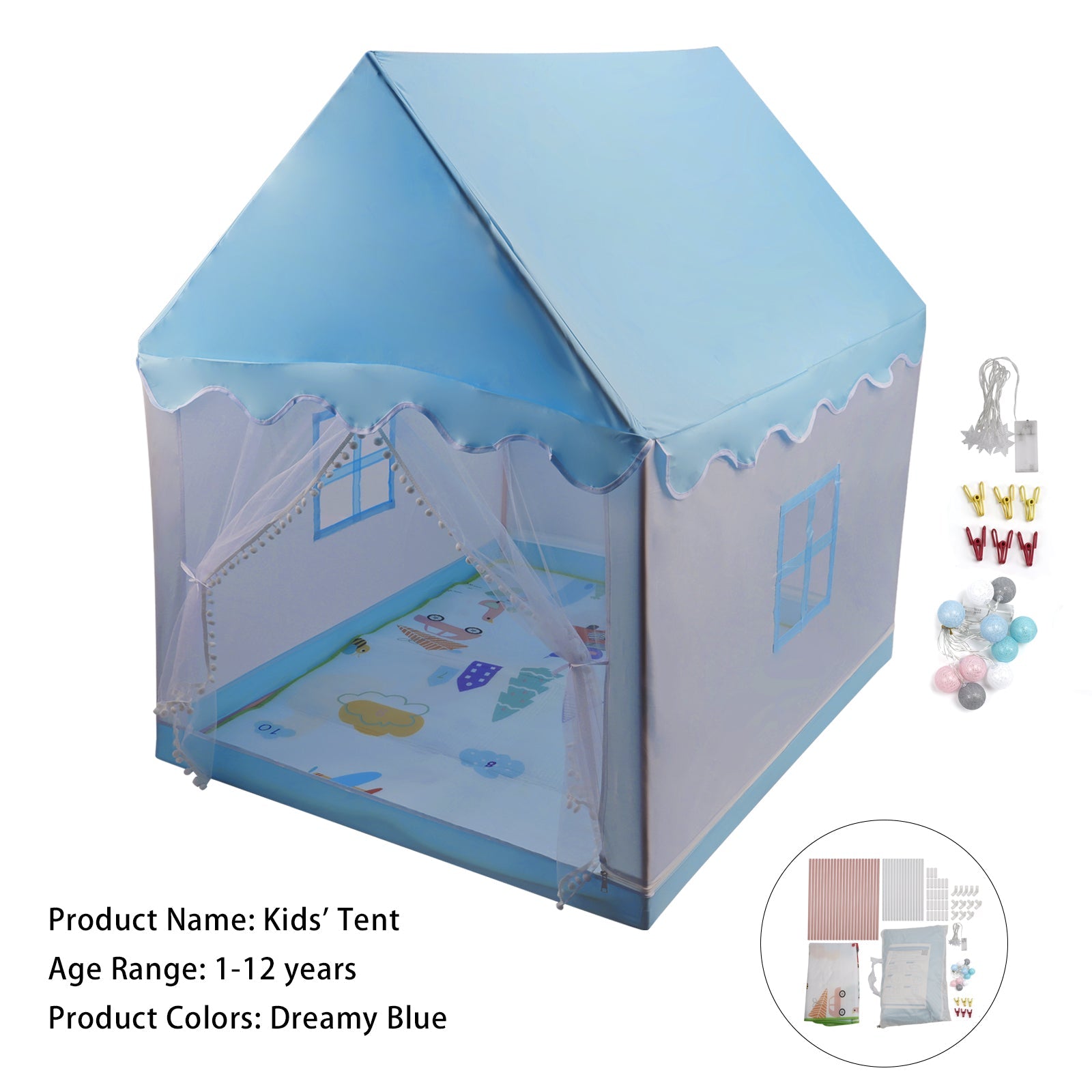 Kids Indoor Play Tent for Boys & Girls,Assembly Tent with Metal Frame,Mesh Window,Optional Star Lights & Mat,Portable Children's Playhouse with Carry Bag Blue
