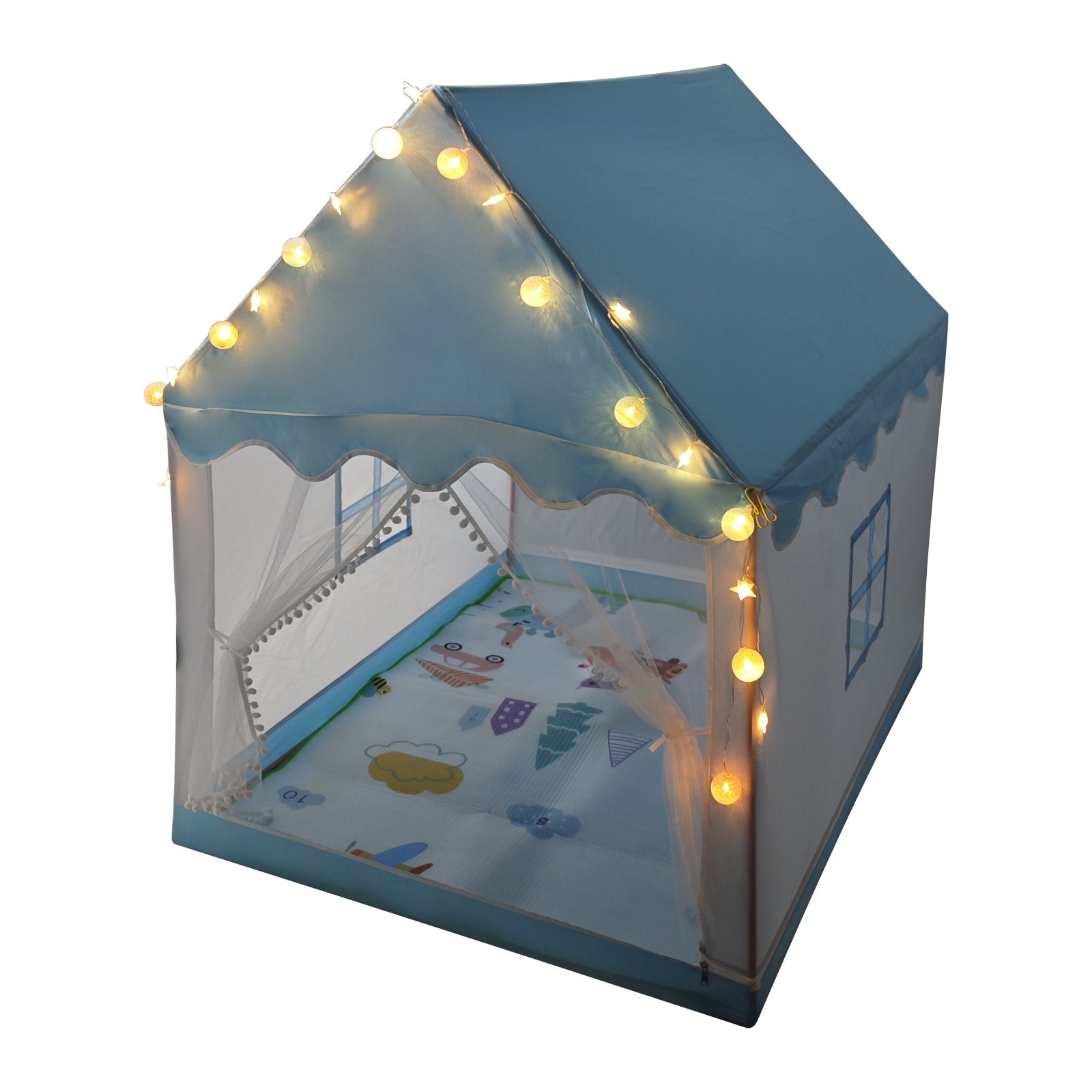 Kids Indoor Play Tent for Boys & Girls,Assembly Tent with Metal Frame,Mesh Window,Optional Star Lights & Mat,Portable Children's Playhouse with Carry Bag Blue