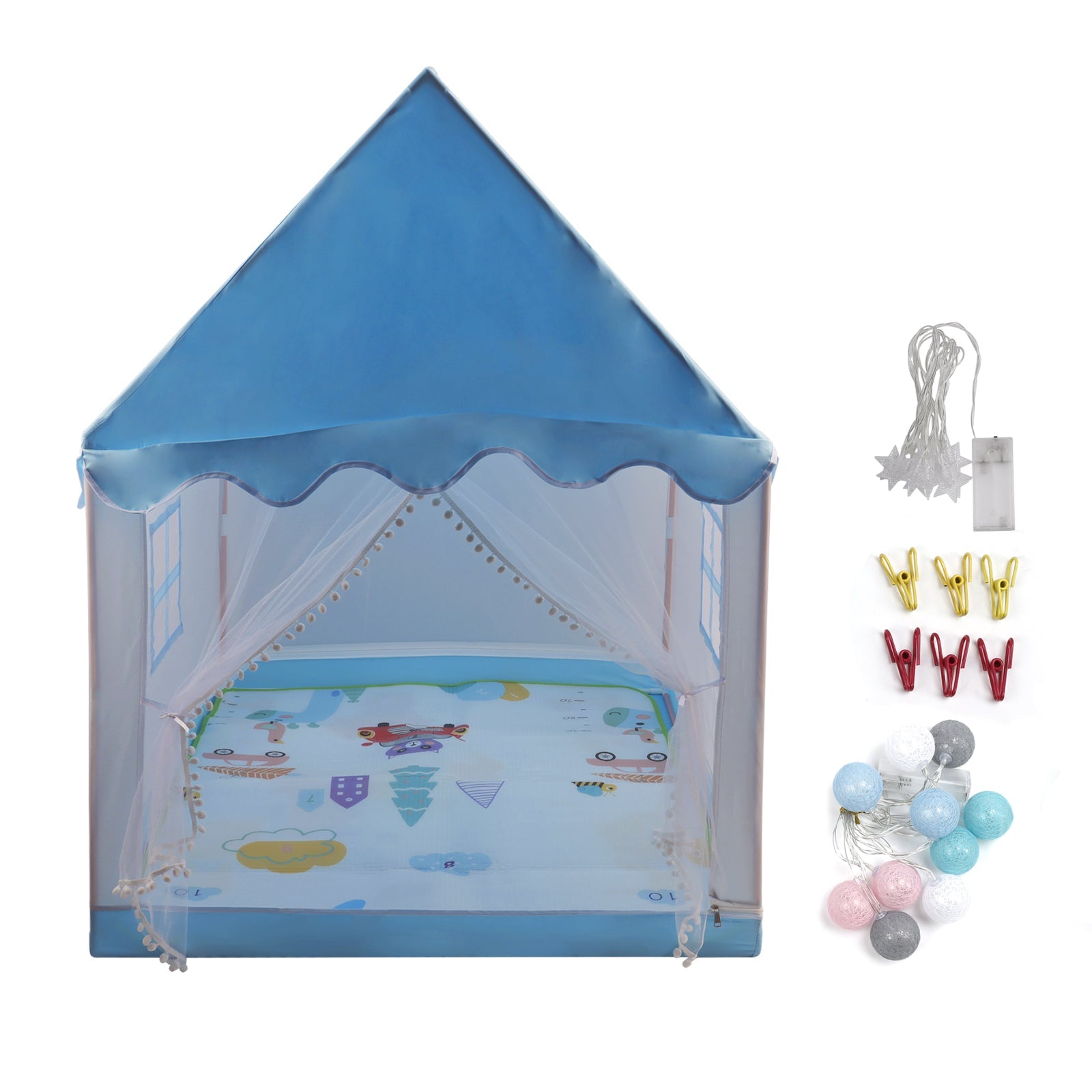 Kids Indoor Play Tent for Boys & Girls,Assembly Tent with Metal Frame,Mesh Window,Optional Star Lights & Mat,Portable Children's Playhouse with Carry Bag Blue