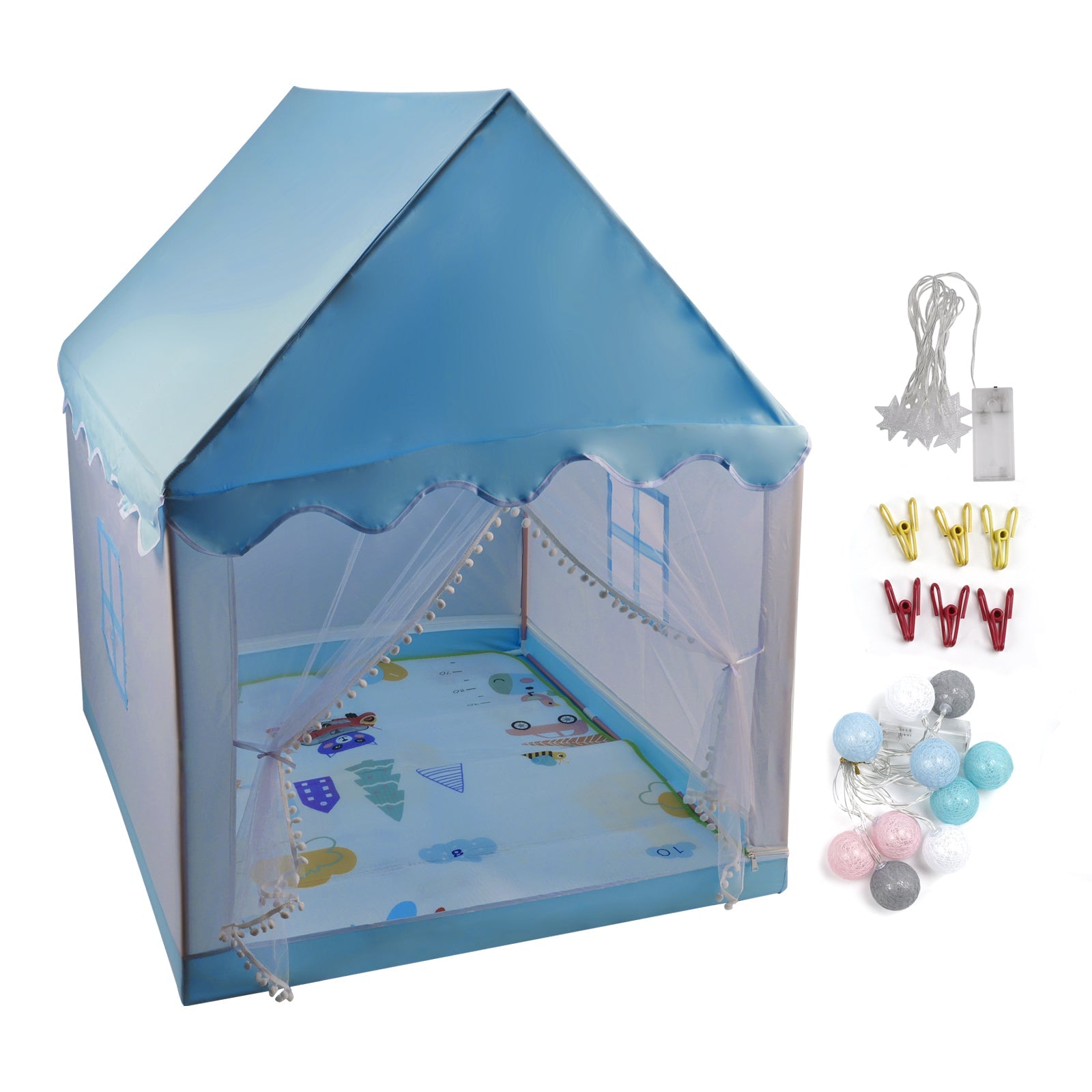 Kids Indoor Play Tent for Boys & Girls,Assembly Tent with Metal Frame,Mesh Window,Optional Star Lights & Mat,Portable Children's Playhouse with Carry Bag Blue