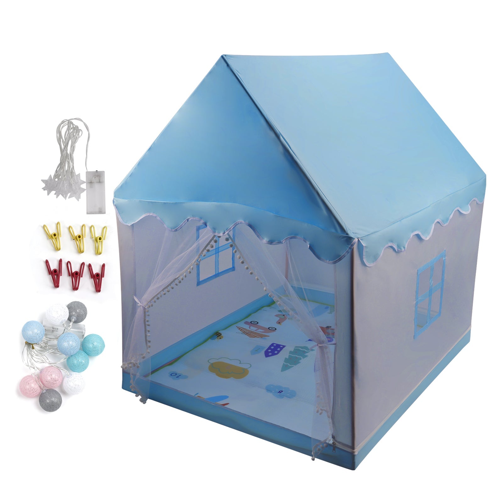 Kids Indoor Play Tent for Boys & Girls,Assembly Tent with Metal Frame,Mesh Window,Optional Star Lights & Mat,Portable Children's Playhouse with Carry Bag Blue