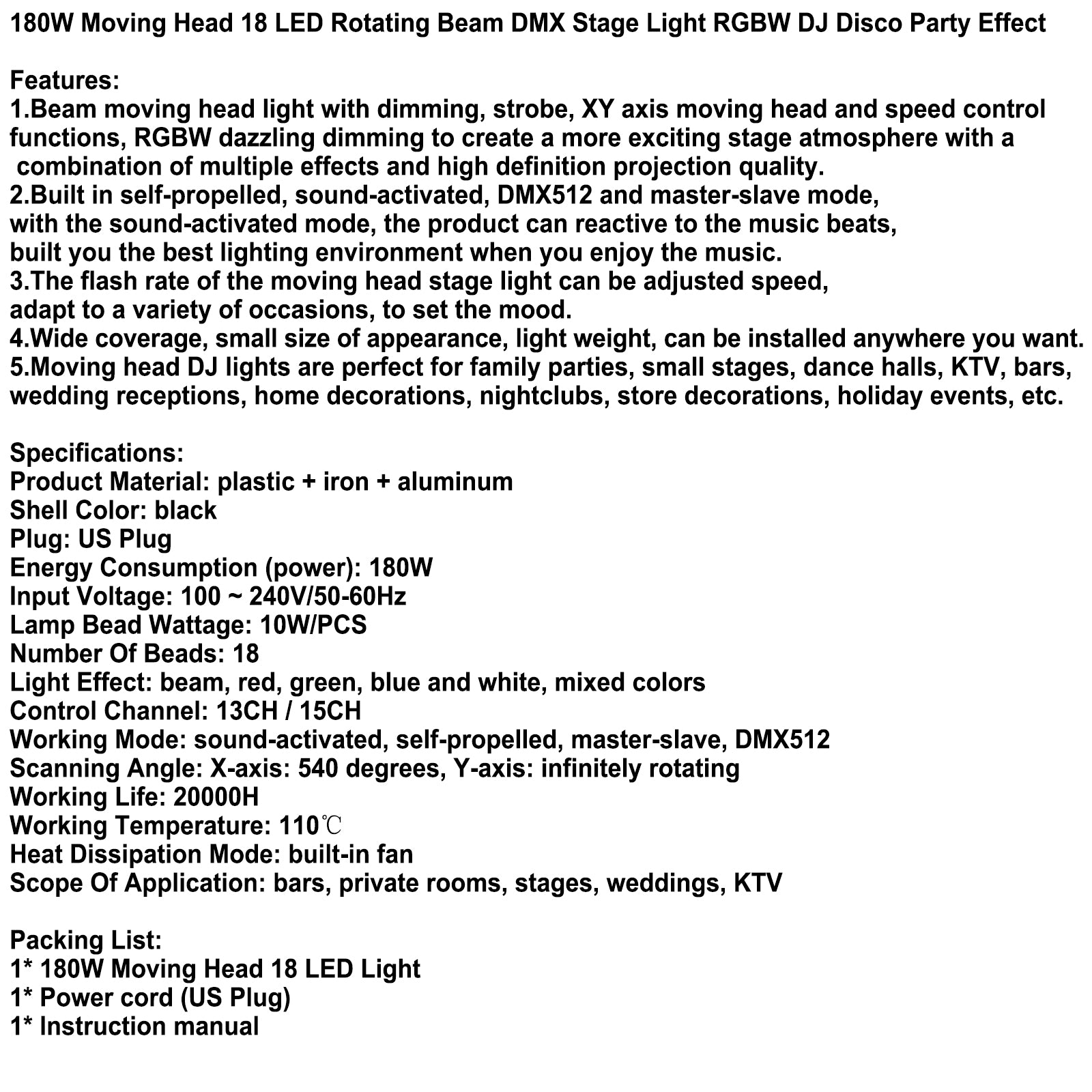 180W Moving Head LED Stage Light 360°Rotation For Stage Lighting Party Wedding Christmas
