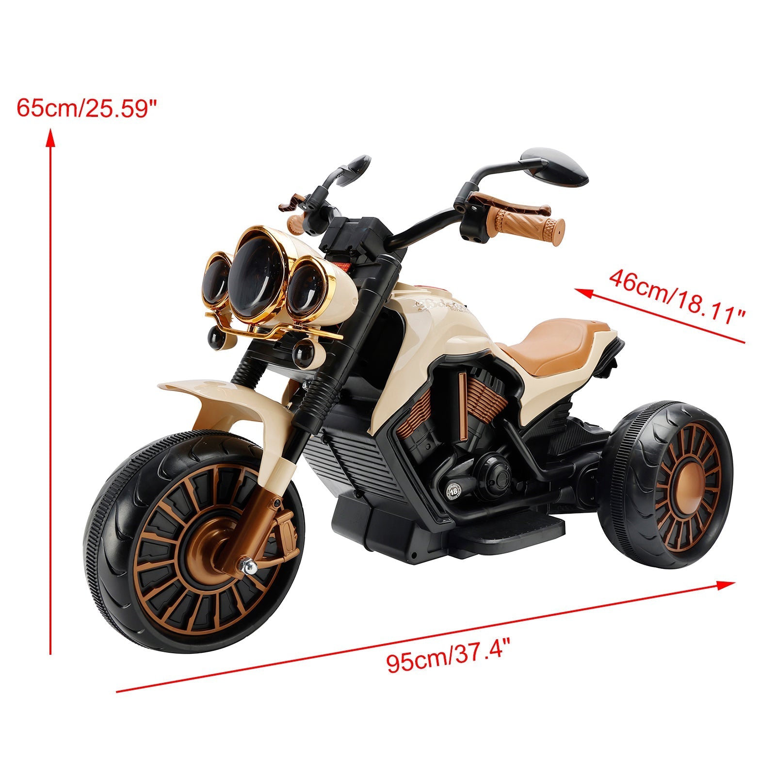 3 Wheel Kids Ride On Motorcycle Electric Dual Drive Toy Car With LED Light Brown