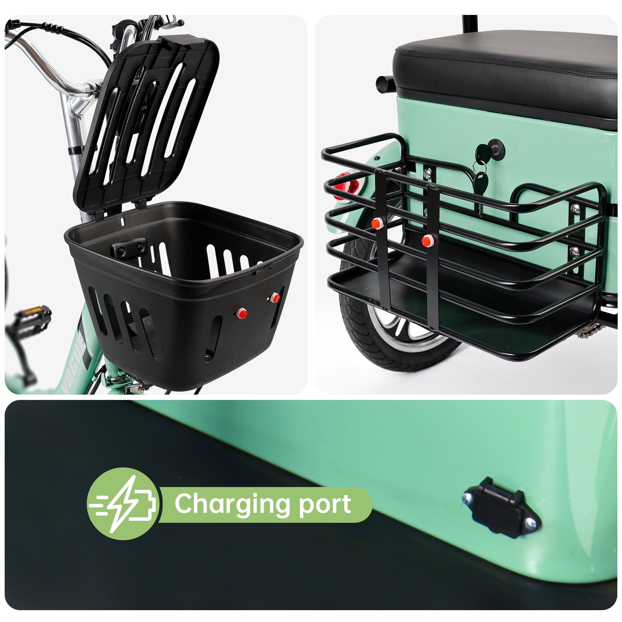 400W 48V 12A Electric Folding Tricycle 3 Wheel E-bike Green with Rear Seat for Adult