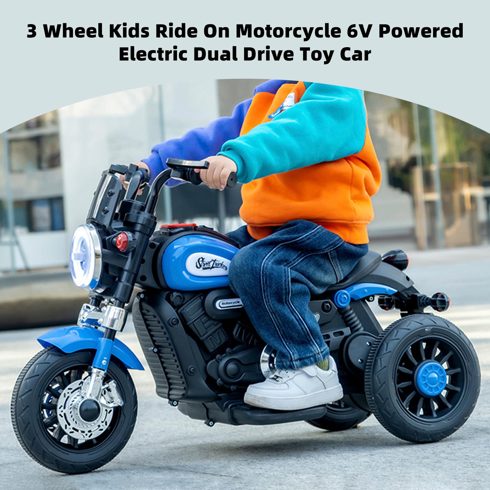 3 Wheel Kids Ride On Motorcycle 6V Powered Electric Dual Drive Toy Car Blue