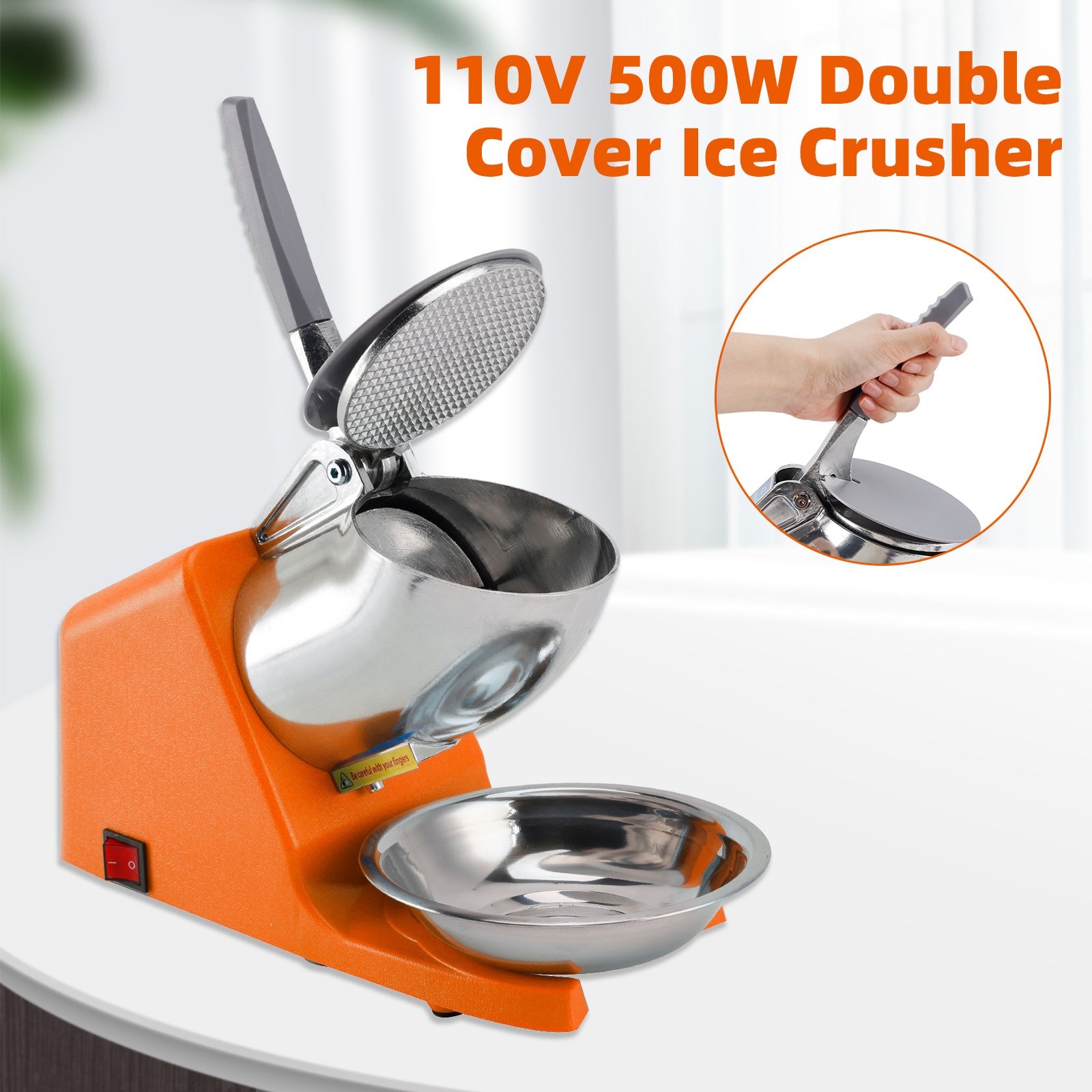 Summer Essential Orange 300W Electric Ice Crusher Machine,Shaver Snow Cone Maker,Dual Blades Aluminium Cover, Kitchen Utensils for Home Commercial Use