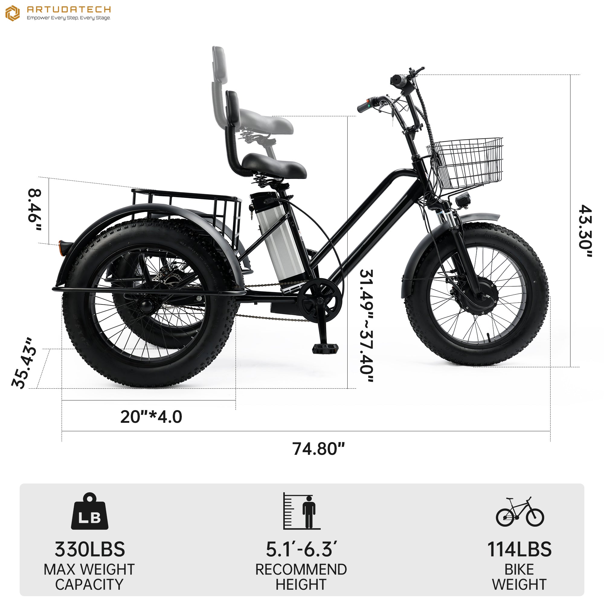 Black Electric Snow Trike with 500W Motor & Large Basket