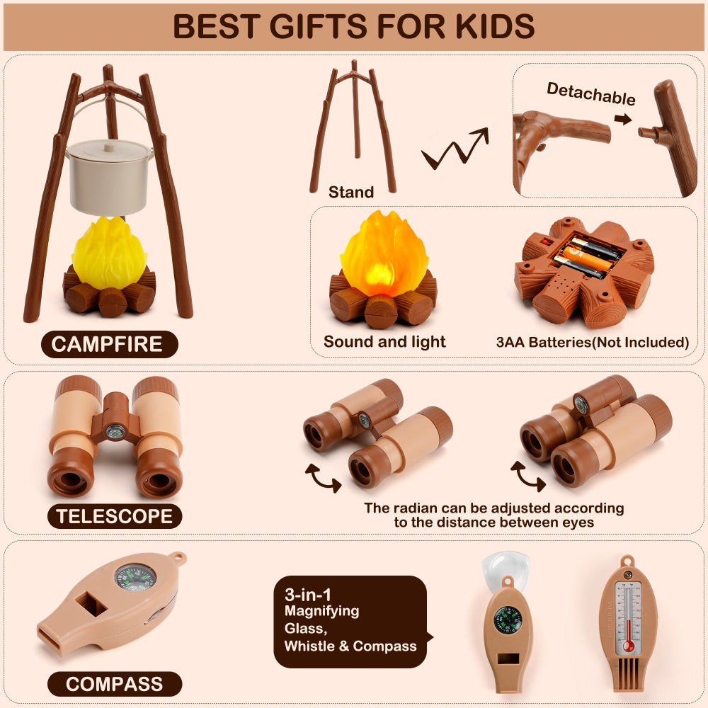 Kids Camping Set with Tent 34Pcs Camping Pretend Play Set with Light-Up Campfire