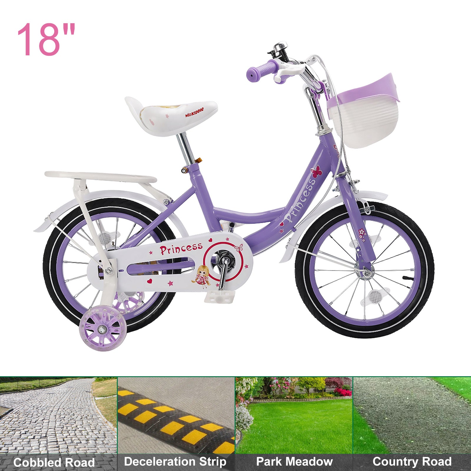 16"/18" Kids Bicycle Girls Bike with Training Wheels Basket Kickstand