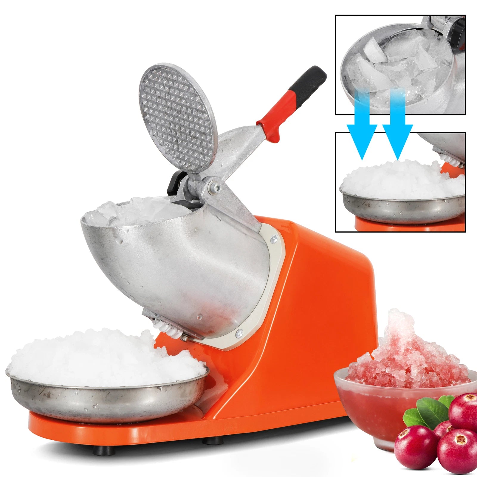 Summer Essential Orange 300W Electric Ice Crusher Machine,Shaver Snow Cone Maker,Dual Blades Aluminium Cover, Kitchen Utensils for Home Commercial Use
