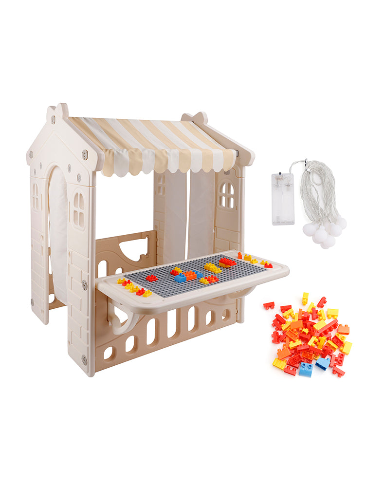 Kids Plastic Outdoor Playhouse with Lights & Building Blocks – Toddler Playhouse Toy for Backyard & Garden Fun