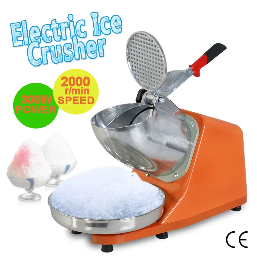 Summer Essential Orange 300W Electric Ice Crusher Machine,Shaver Snow Cone Maker,Dual Blades Aluminium Cover, Kitchen Utensils for Home Commercial Use