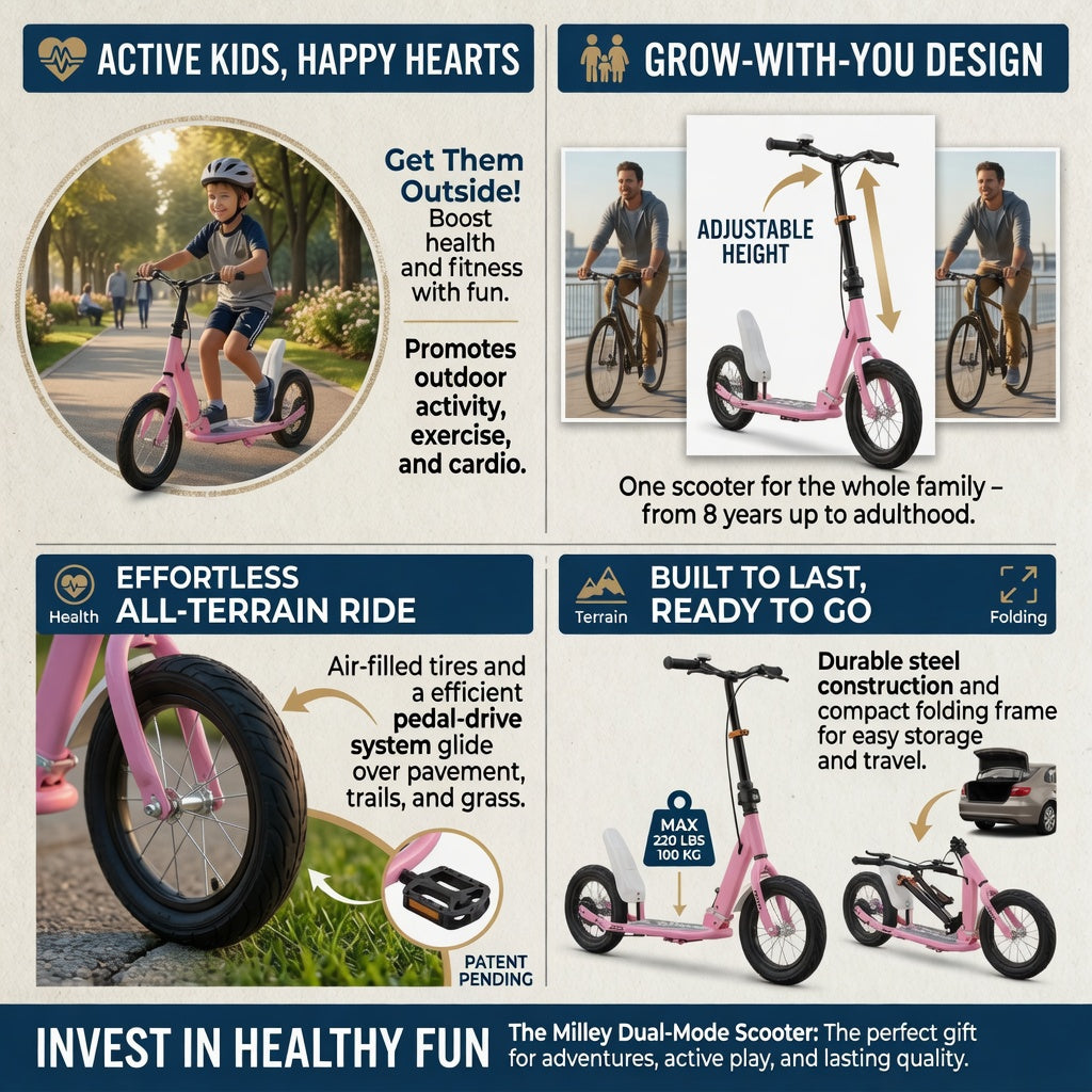 Pink Shock-Absorbing Scooter for Adults & Teens – 12" Large Rolling Rubber Tires, Foldable