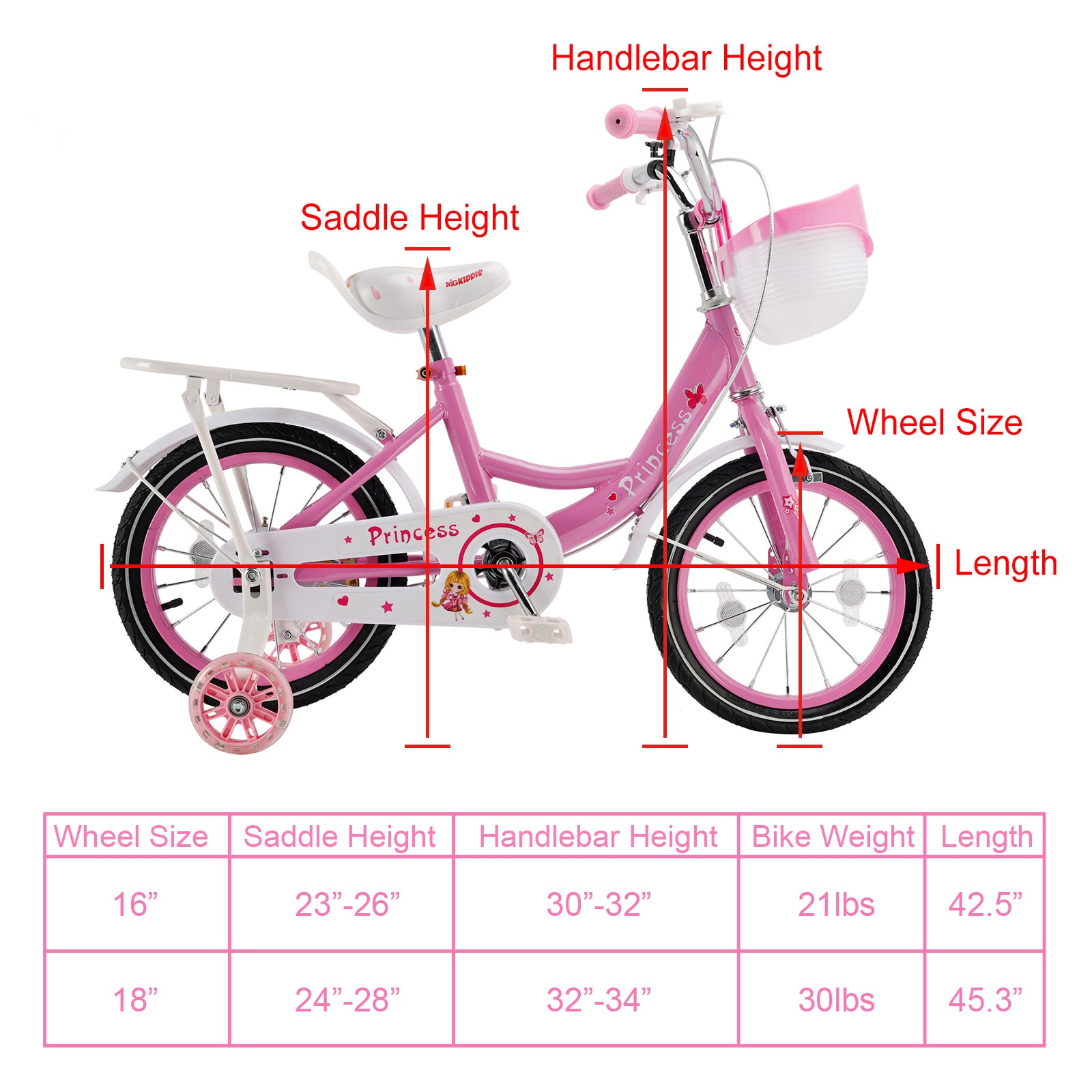 18" Children Princess Bicycle Girls Bike with Removable Training Wheels Pink