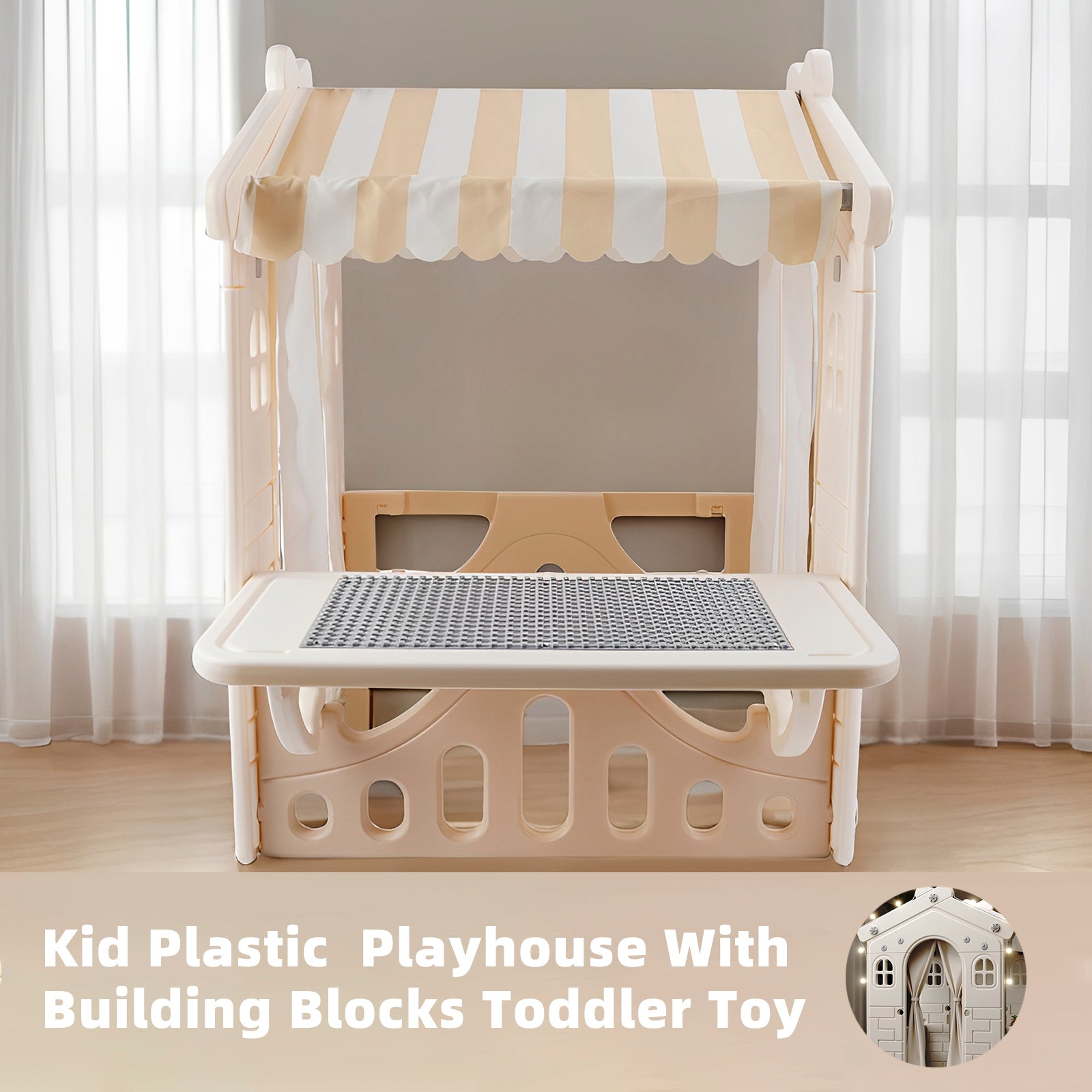 Kids Plastic Outdoor Playhouse with Lights & Building Blocks – Toddler Playhouse Toy for Backyard & Garden Fun