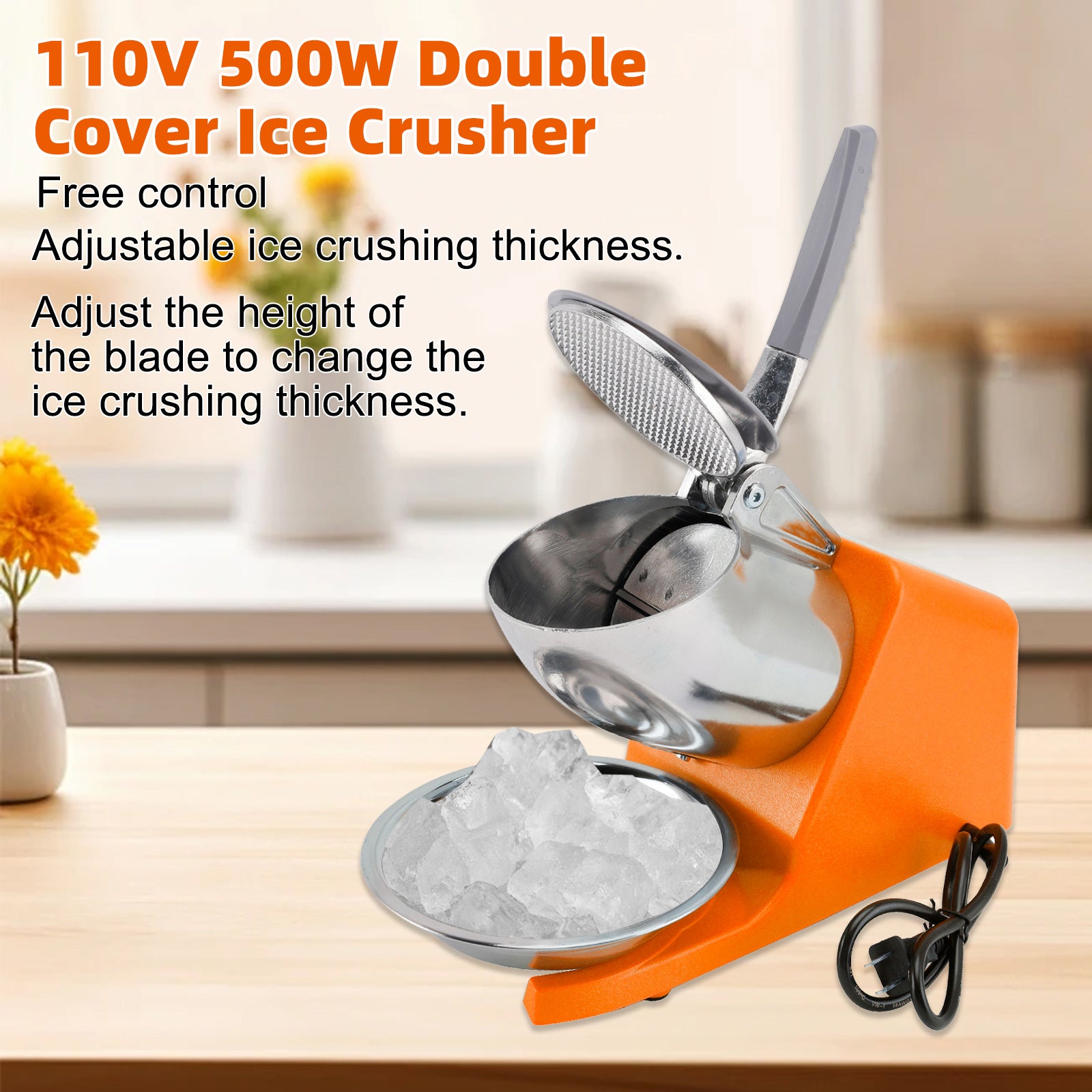Summer Essential Orange 300W Electric Ice Crusher Machine,Shaver Snow Cone Maker,Dual Blades Aluminium Cover, Kitchen Utensils for Home Commercial Use