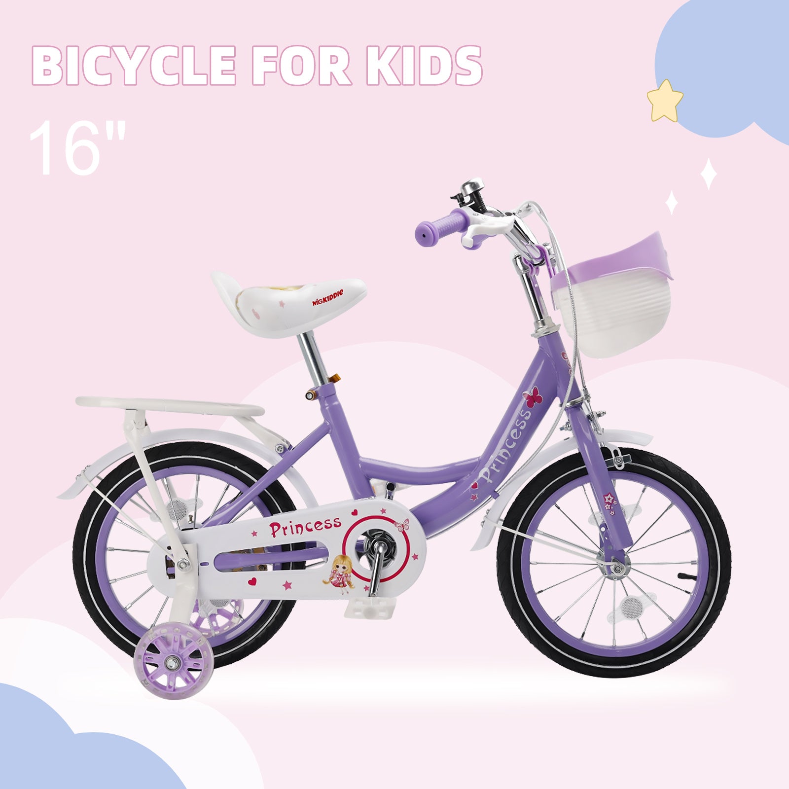 16"/18" Kids Bicycle Girls Bike with Training Wheels Basket Kickstand
