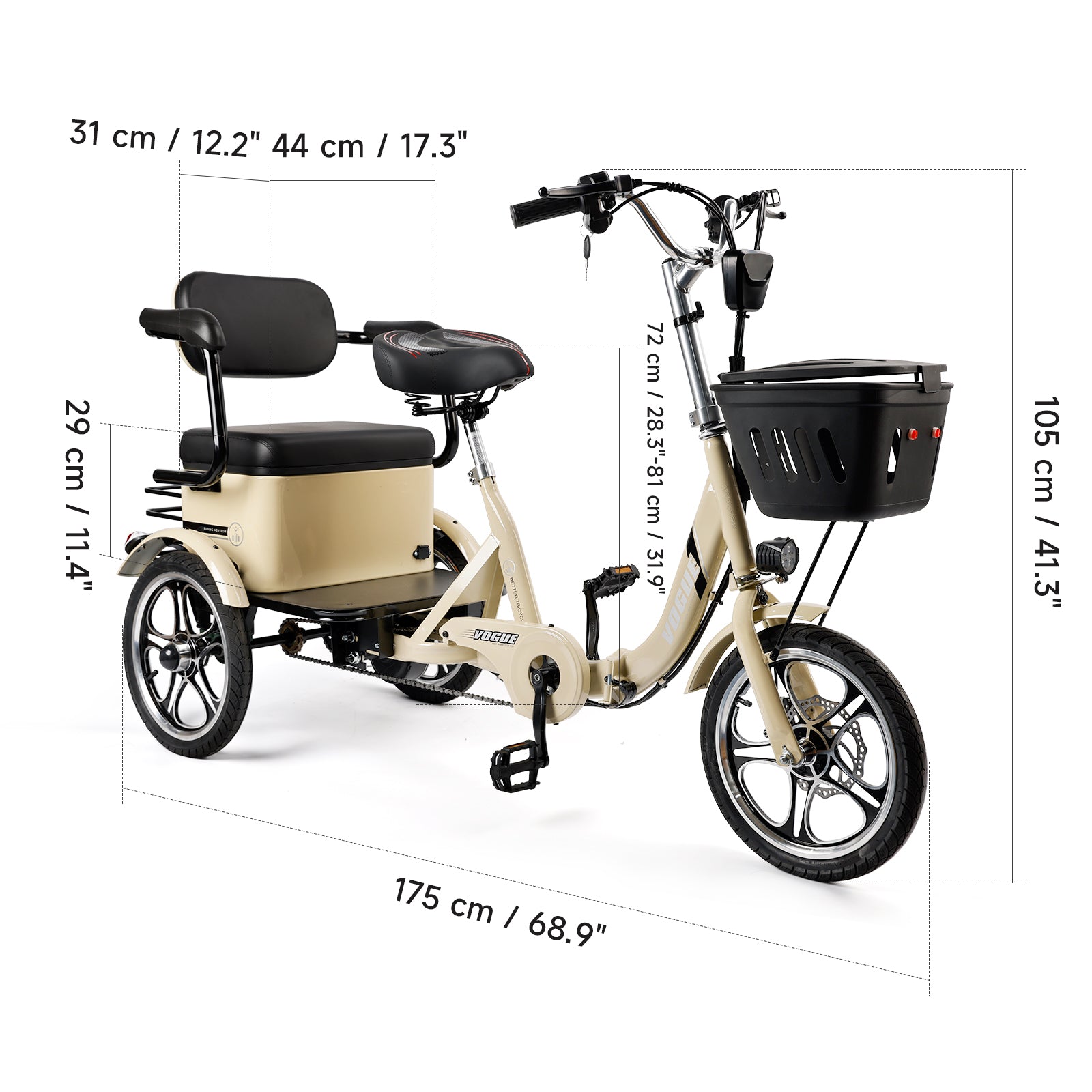 400W 48V 12A Electric Folding Tricycle 3 Wheel E-bike white with Rear Seat for Adult
