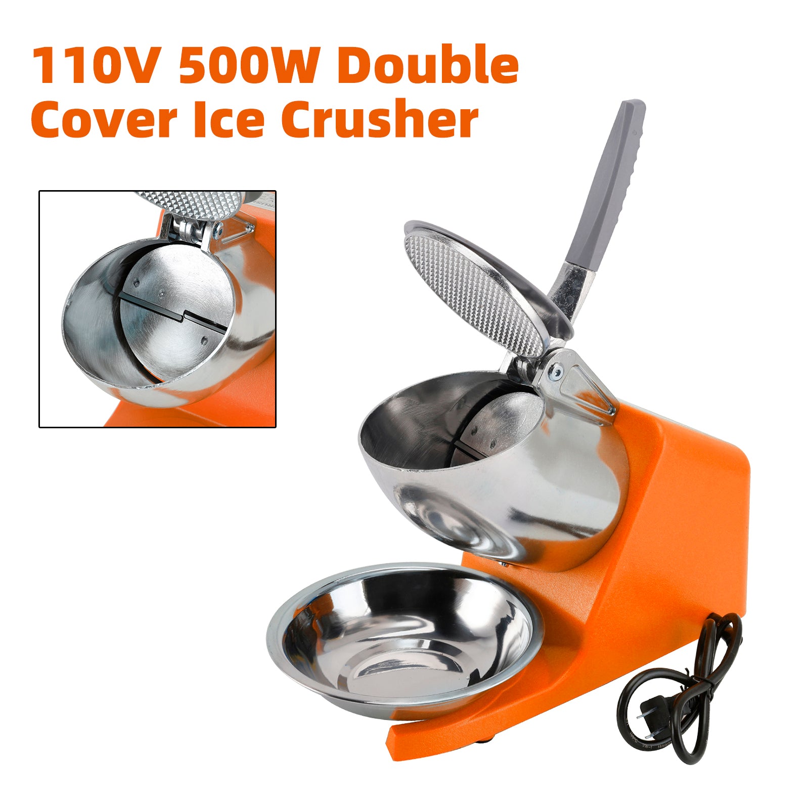 Summer Essential Orange 300W Electric Ice Crusher Machine,Shaver Snow Cone Maker,Dual Blades Aluminium Cover, Kitchen Utensils for Home Commercial Use