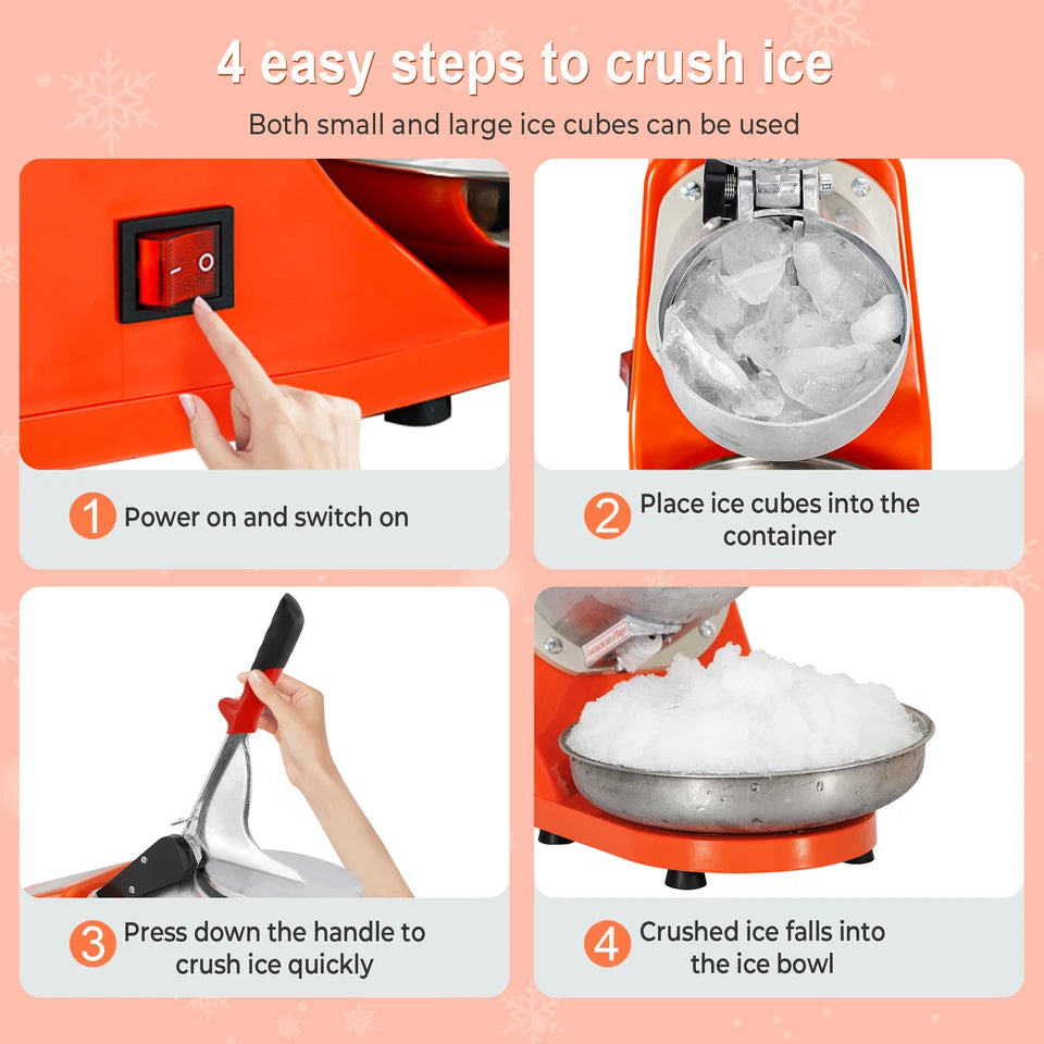 Summer Essential Orange 300W Electric Ice Crusher Machine,Shaver Snow Cone Maker,Dual Blades Aluminium Cover, Kitchen Utensils for Home Commercial Use