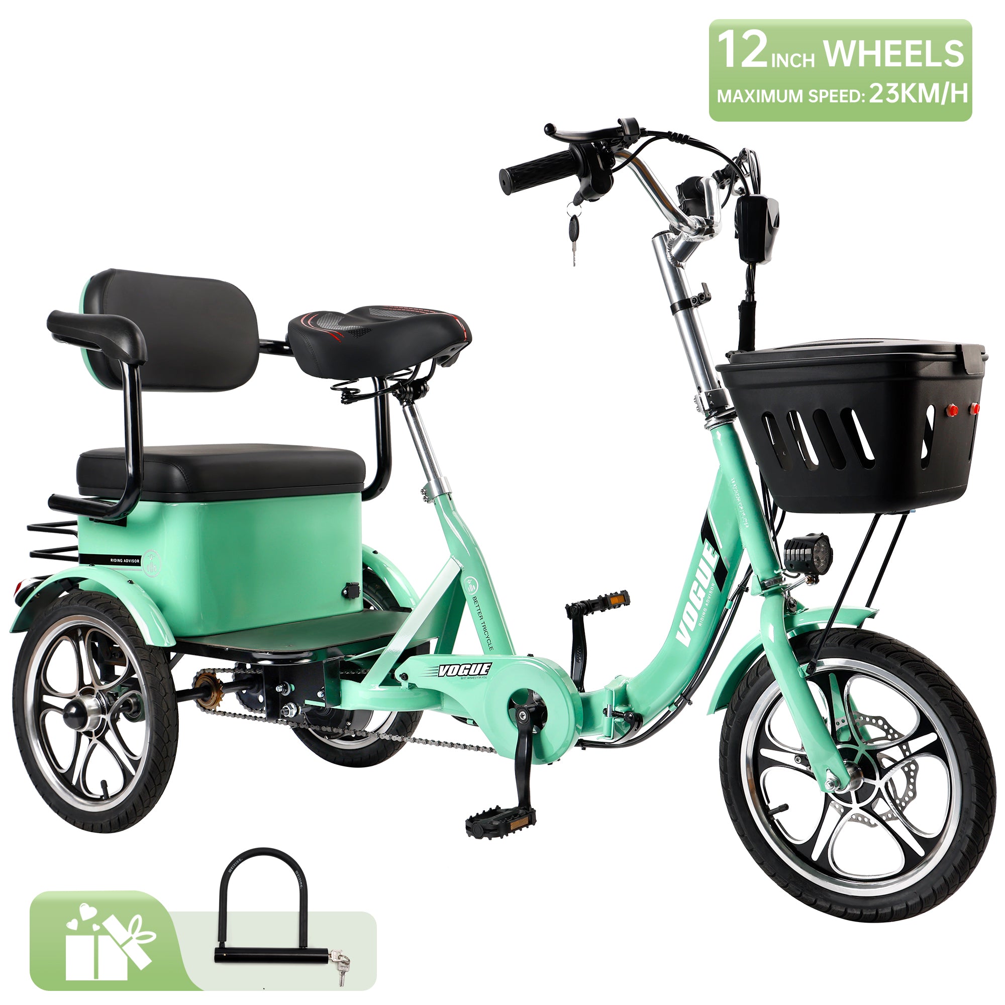 400W 48V 12A Electric Folding Tricycle 3 Wheel E-bike Green with Rear Seat for Adult