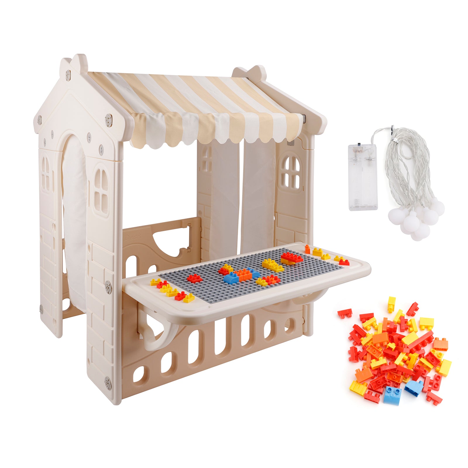 Kids Plastic Outdoor Playhouse with Lights & Building Blocks – Toddler Playhouse Toy for Backyard & Garden Fun