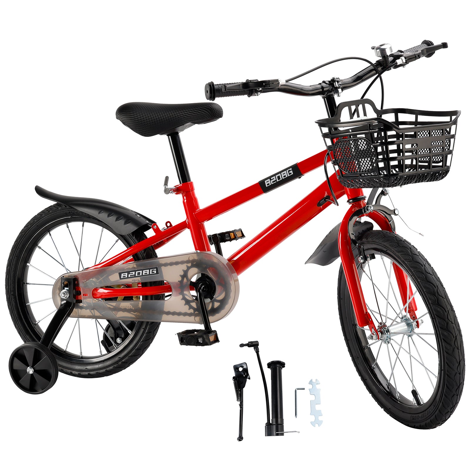 18" Children Bicycle Toddlers Bike with Training Wheels Basket Kickstand Red