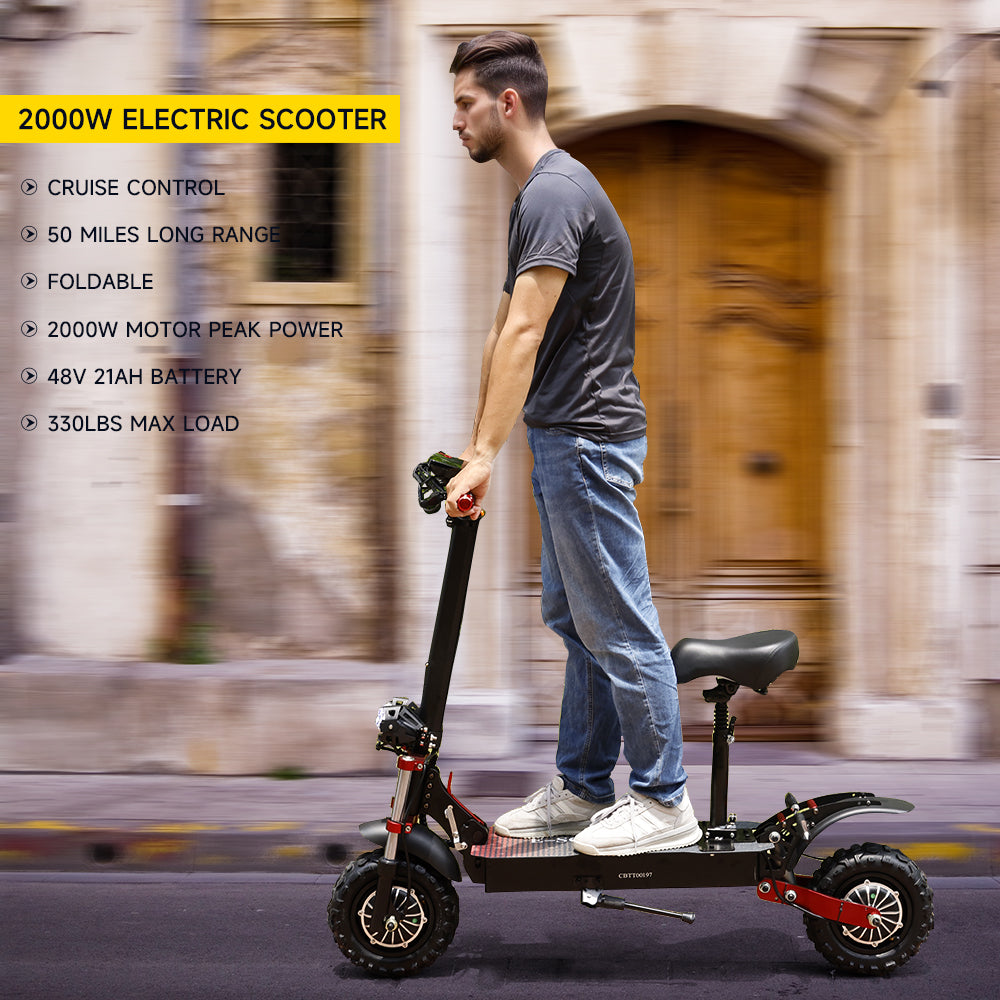 2000W 21ah off-road alloy electric scooter for adult，With large display screen,  Dual drive 12" tires