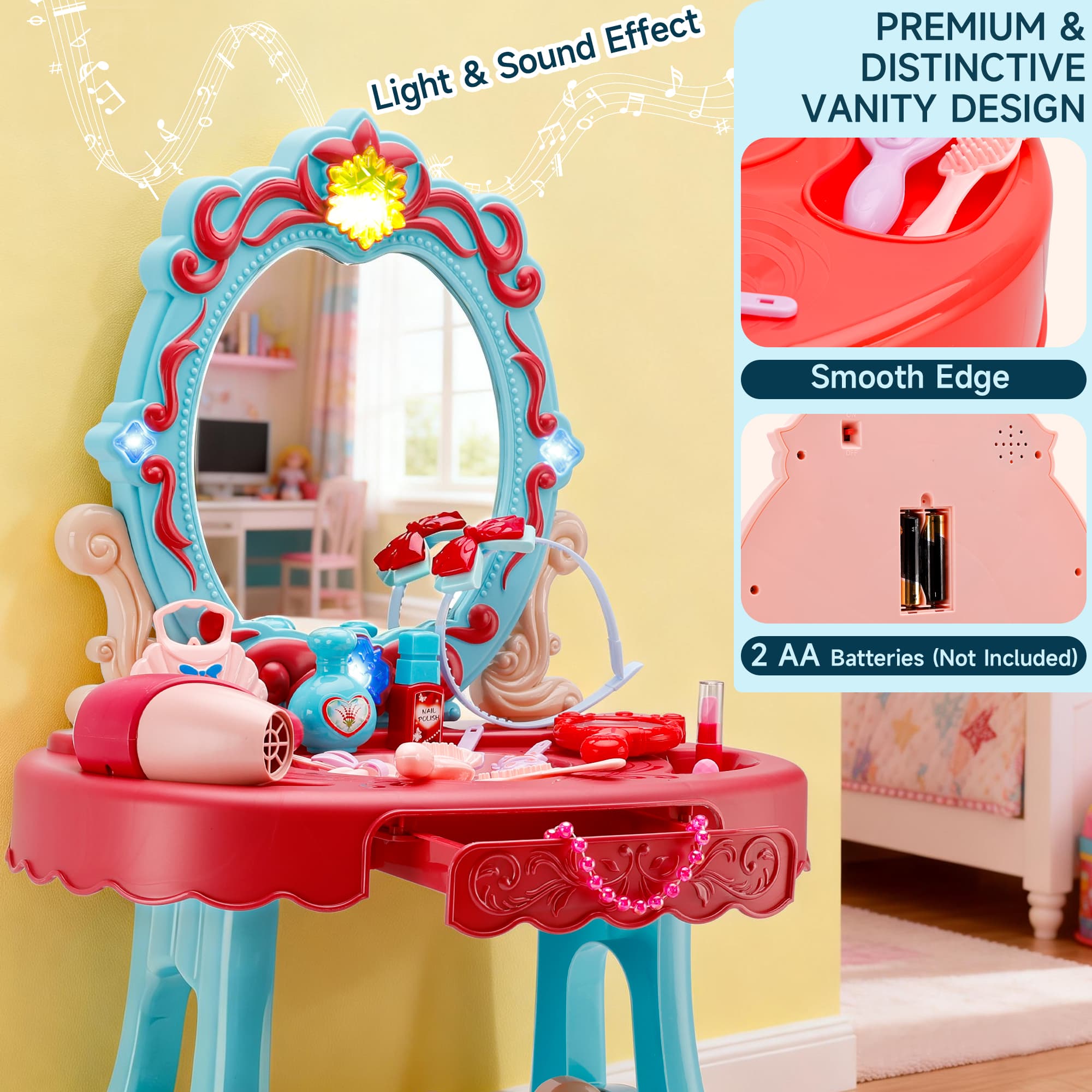 Toddler Makeup Table with Mirror and Chair Kids Vanity Set with Blowdryer for 3+