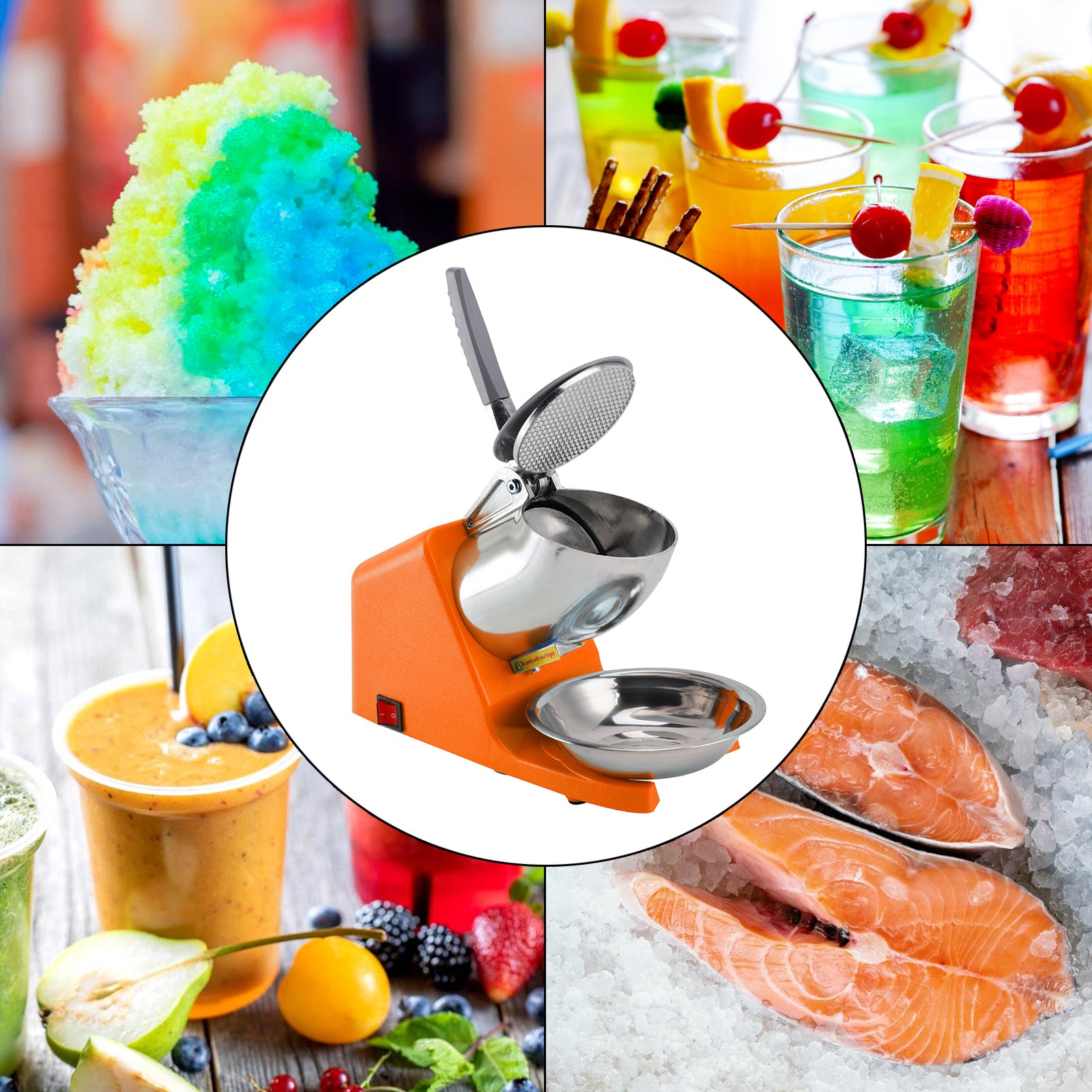 Summer Essential Orange 300W Electric Ice Crusher Machine,Shaver Snow Cone Maker,Dual Blades Aluminium Cover, Kitchen Utensils for Home Commercial Use