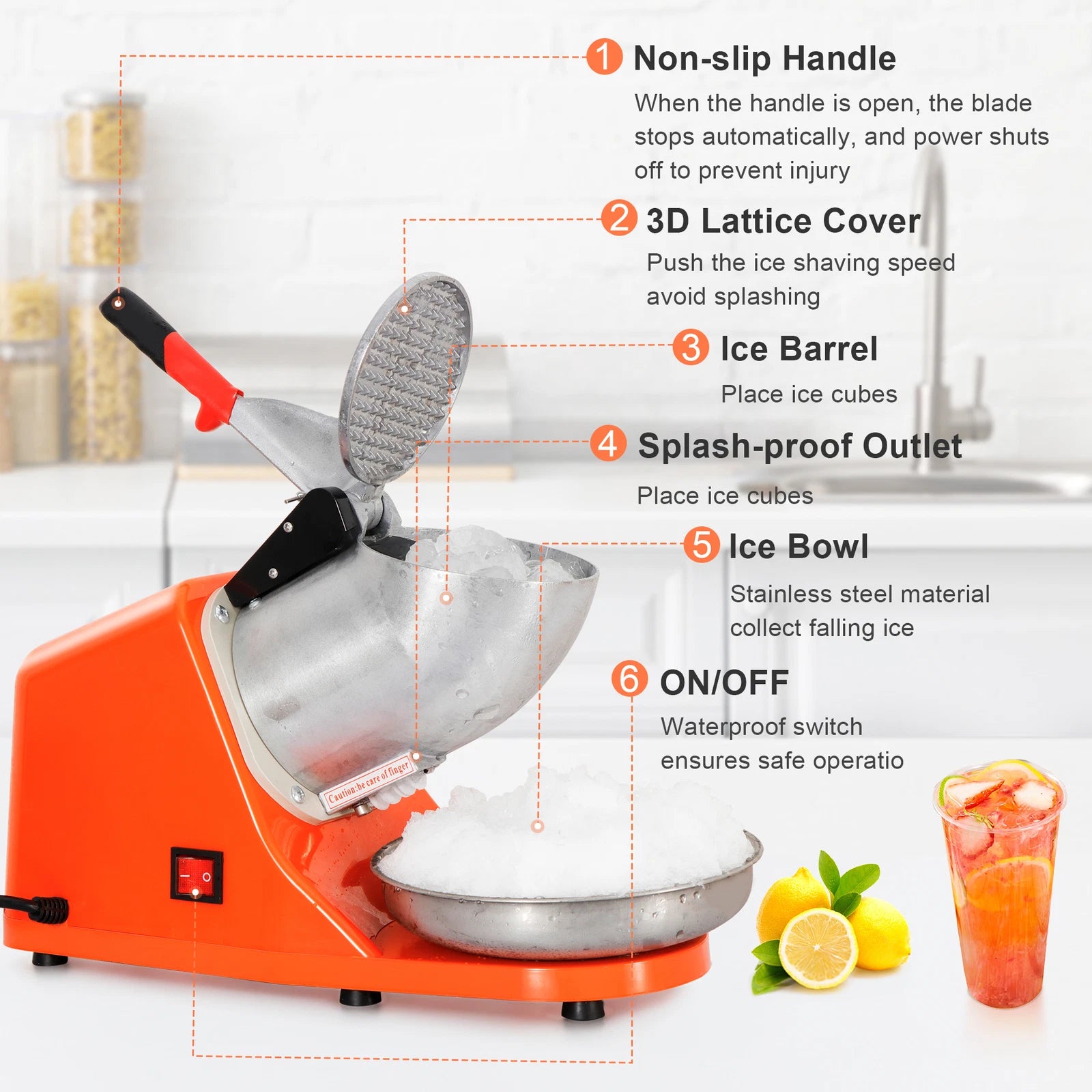 Summer Essential Orange 300W Electric Ice Crusher Machine,Shaver Snow Cone Maker,Dual Blades Aluminium Cover, Kitchen Utensils for Home Commercial Use