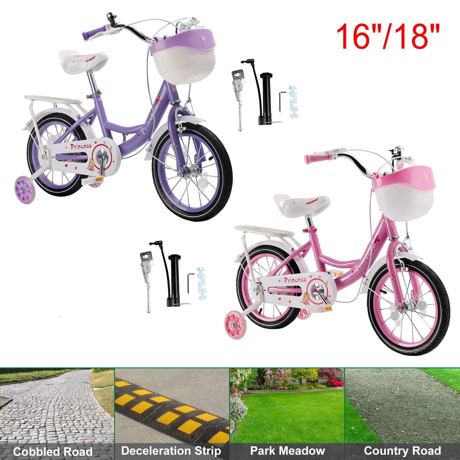 16"/18" Kids Bicycle Girls Bike with Training Wheels Basket Kickstand