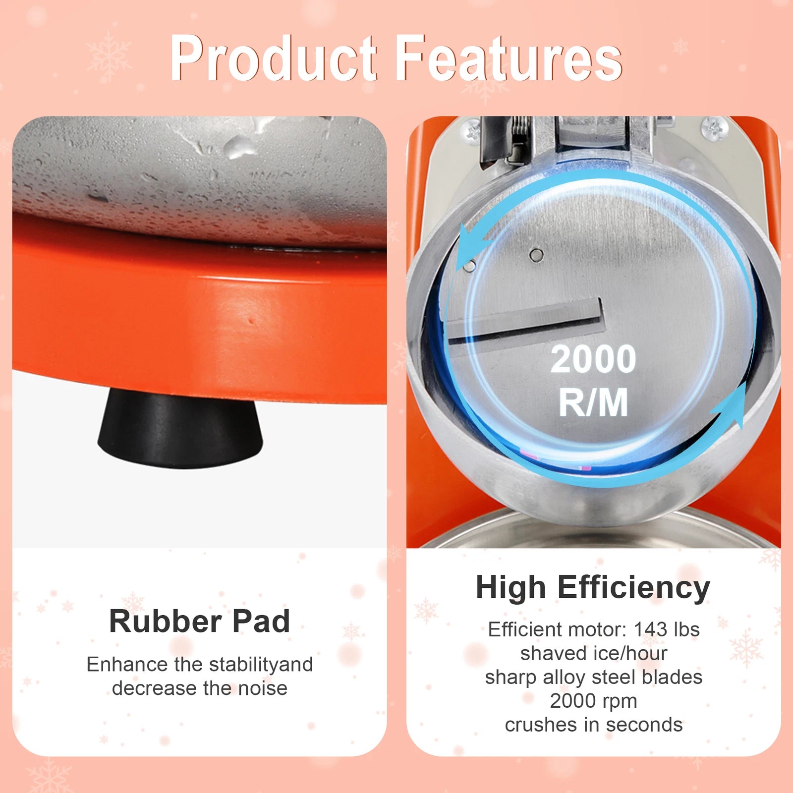 Summer Essential Orange 300W Electric Ice Crusher Machine,Shaver Snow Cone Maker,Dual Blades Aluminium Cover, Kitchen Utensils for Home Commercial Use