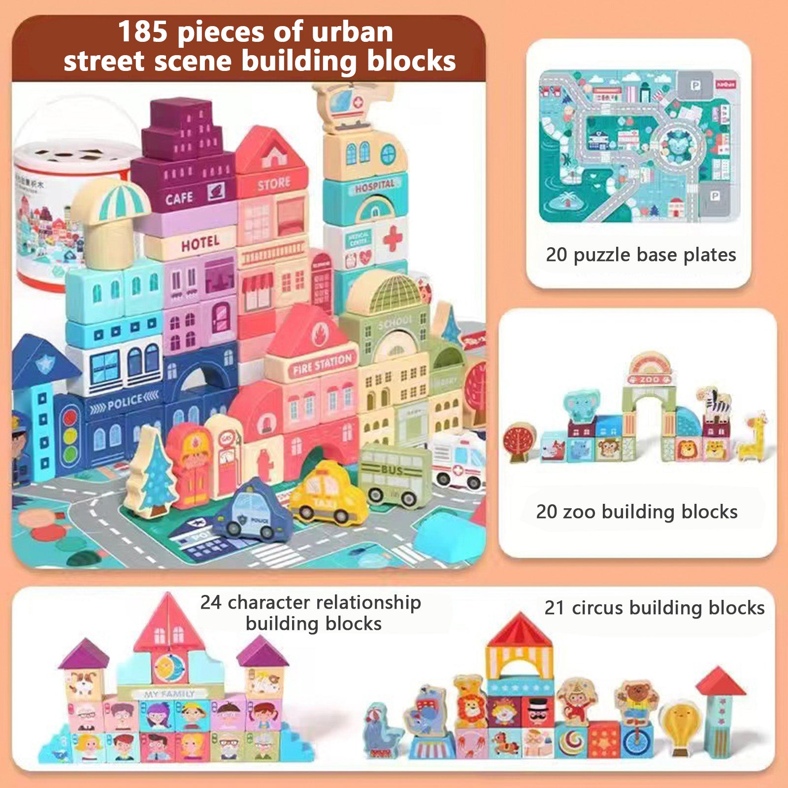 Urban Street Scene Building Blocks Set for Toddlers -185 Durable Blocks with Educational Puzzle-Kid’s Blocks