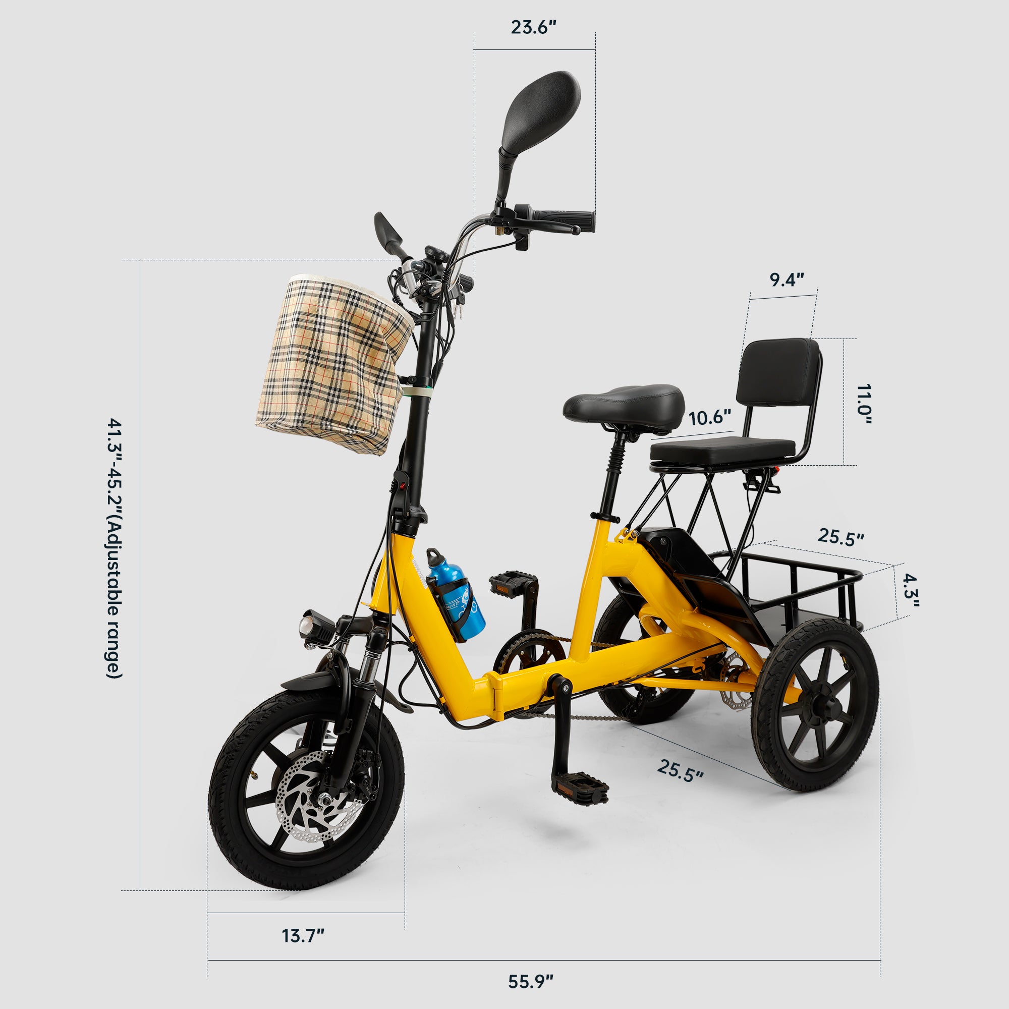 Yellow Electric Trike with Long-Lasting Battery & Comfort