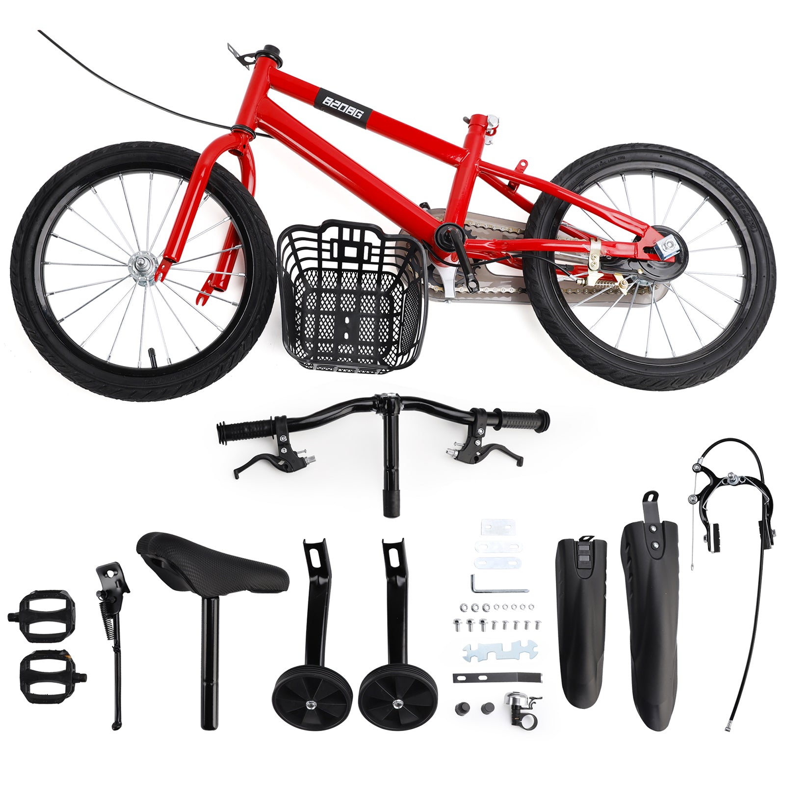 18" Children Bicycle Toddlers Bike with Training Wheels Basket Kickstand Red