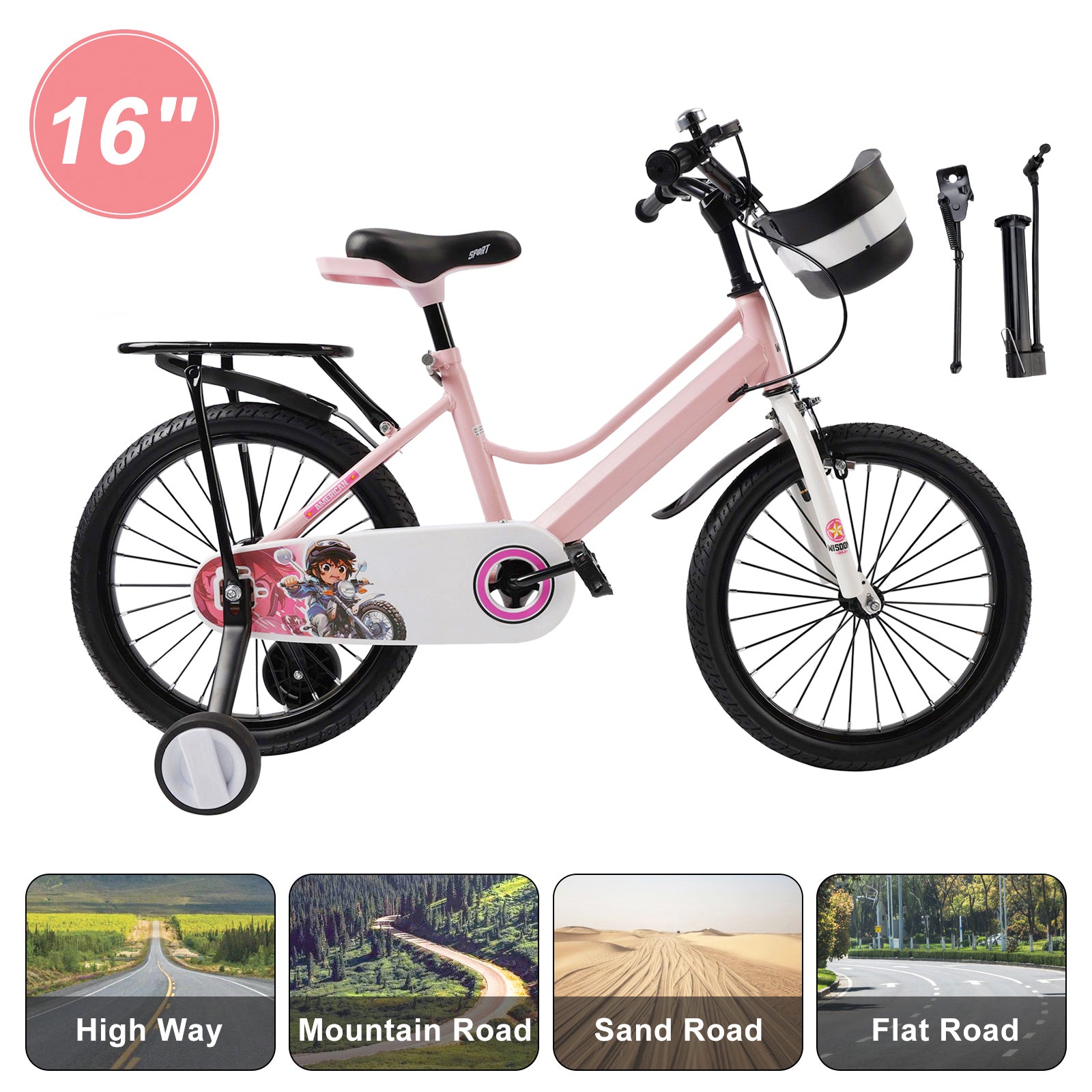 16" Kids Bike for Boys and Girls with auxiliary wheels & Rack Pink