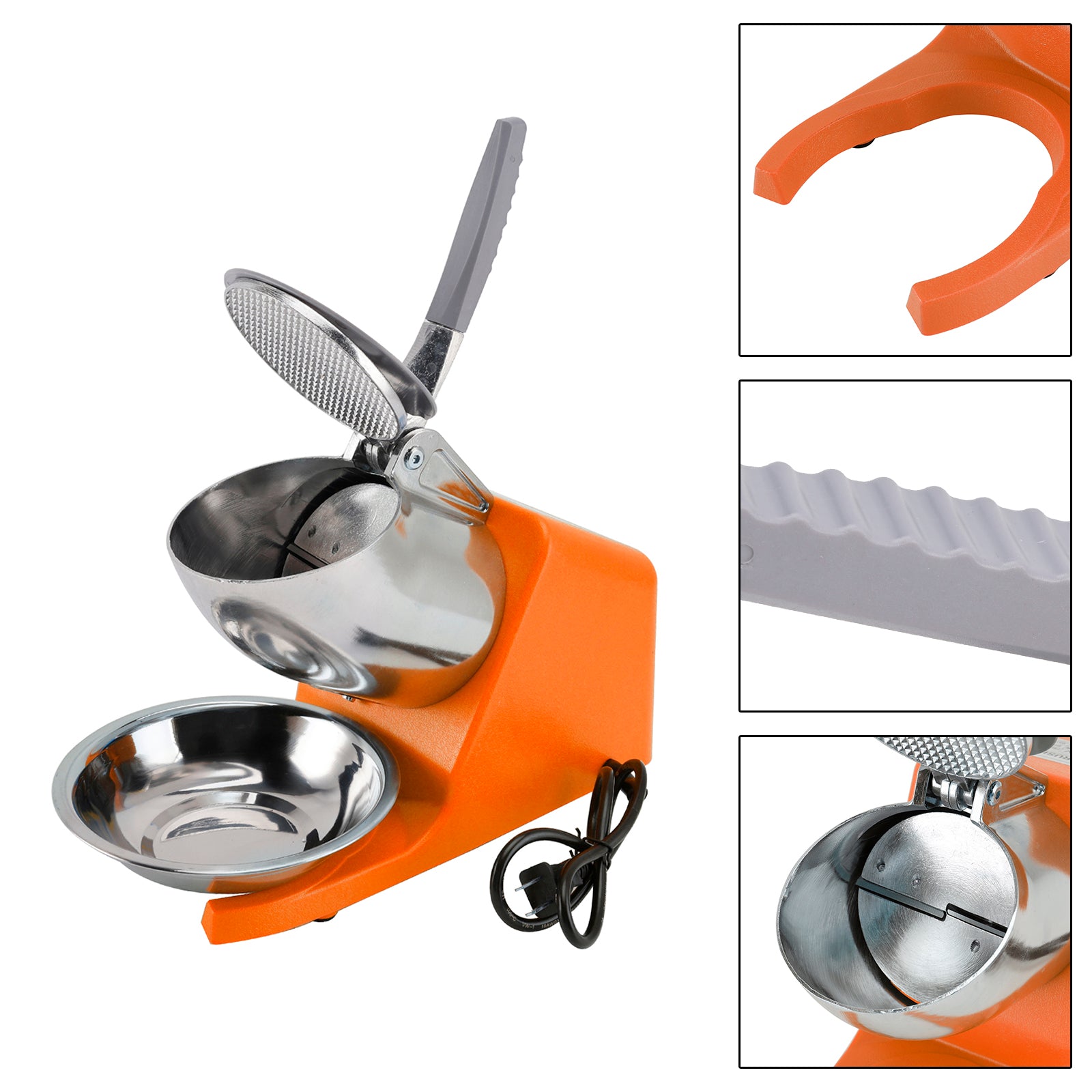 Summer Essential Orange 300W Electric Ice Crusher Machine,Shaver Snow Cone Maker,Dual Blades Aluminium Cover, Kitchen Utensils for Home Commercial Use