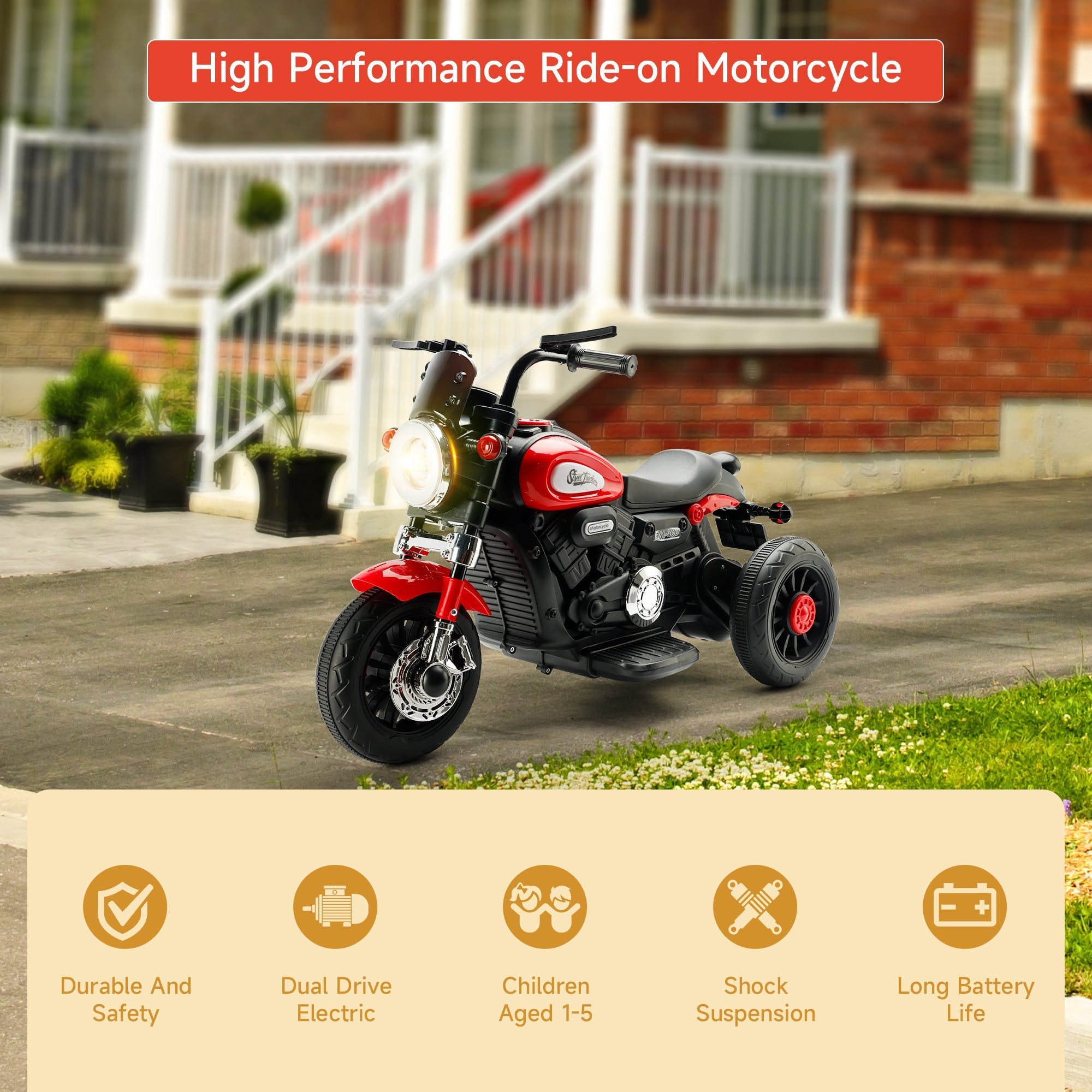 3-Wheel Kids Ride-On Motorcycle 6V (Red) | Dual Drive