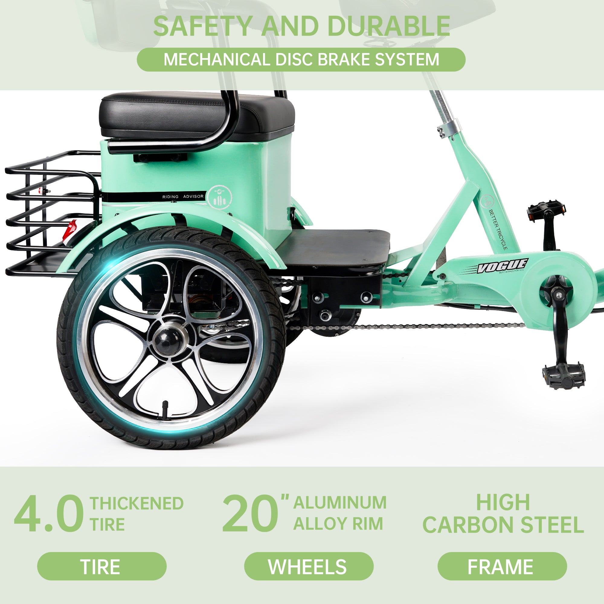 400W 48V 12A Electric Folding Tricycle 3 Wheel E-bike Green with Rear Seat for Adult