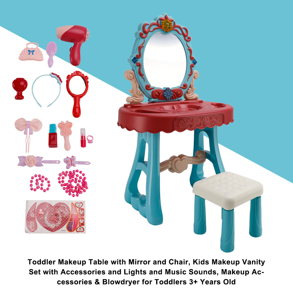 Toddler Makeup Table with Mirror and Chair Kids Vanity Set with Blowdryer for 3+