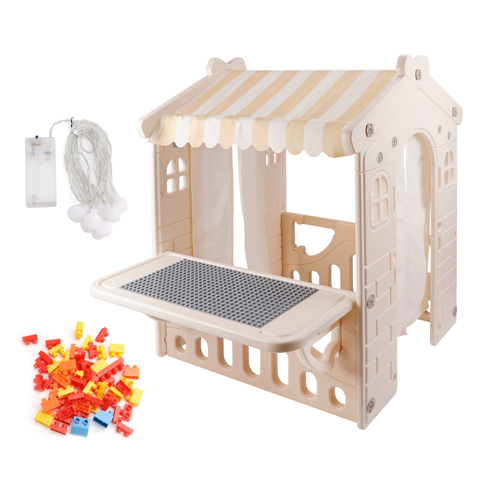 Kids Plastic Outdoor Playhouse with Lights & Building Blocks – Toddler Playhouse Toy for Backyard & Garden Fun